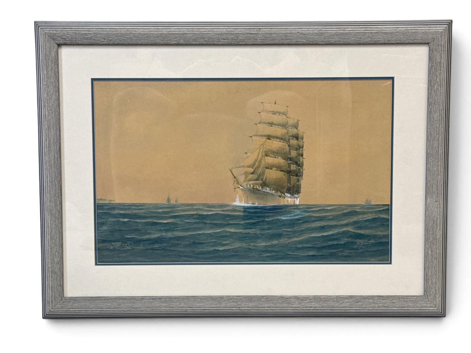 J. Arnold Watercolor: Ship Seascape: John Popeye "Jay" Arnold (American, 20th C.). A watercolor on paper seascape portrait of a ship titled "Running Coast Way's". Mat opening: 15in x 24-1/4in. Outside frame: 24-3/4in x 34in. | You have a