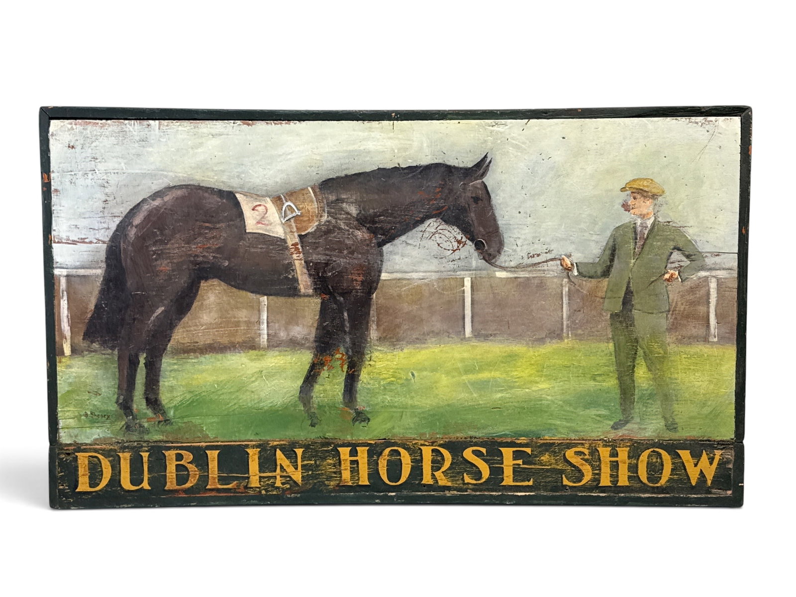 Dublin Horse Show Hand-Painted Wood Sign: A contemporary folk art-style paint-decorated sign for the "Dublin Horse Show" with a horse and jockey. 28-1/2 in x 50 in. | You have additional shipping options, and are not required to use Live Ship