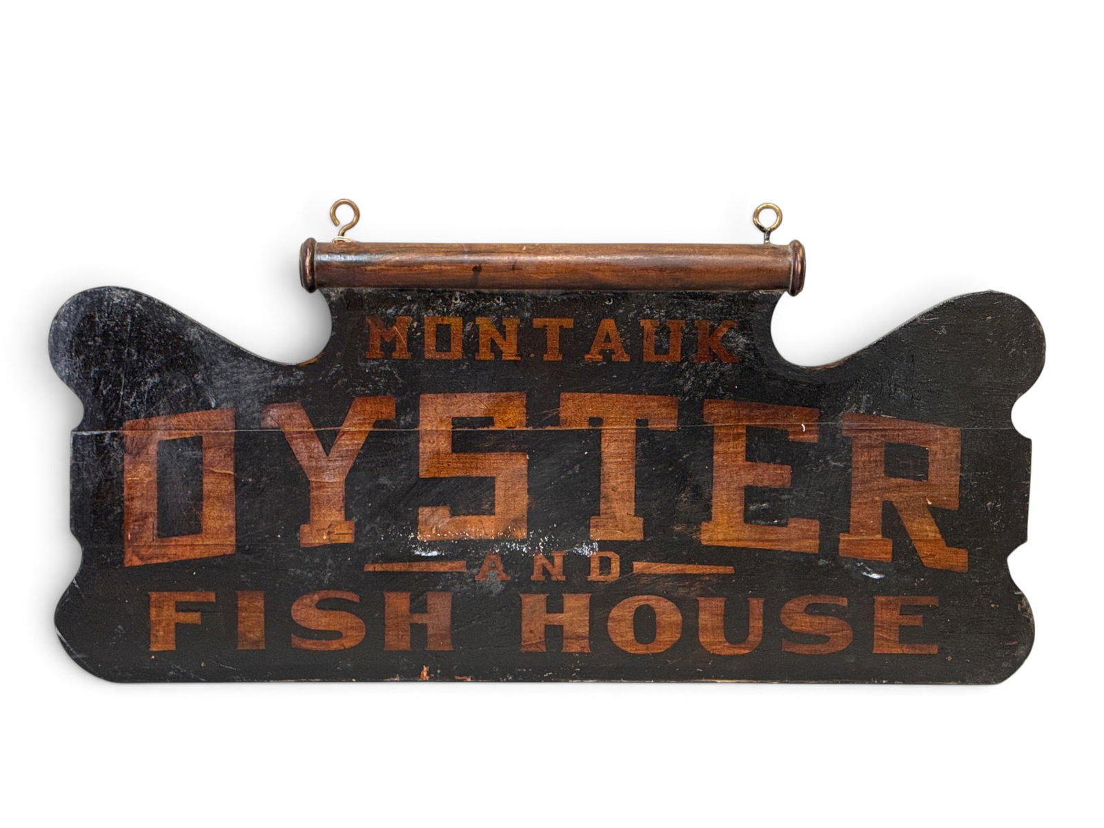 Montauk Oyster and Fish House Hand-Painted Wood Sign: A contemporary folk art-style paint-decorated sign for "Montauk Oyster and Fish House" 19in tall x 40in wide. | You have additional shipping options, and are not required to use Live Shipping. Additio