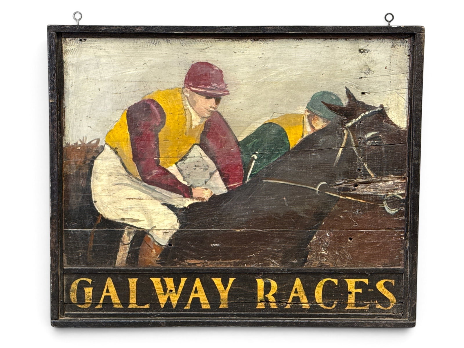 Galway Races Hand-Painted Wood Sign: A contemporary folk art-style paint-decorated sign for the "Galway Races" with a horse and jockey. 25in tall x 31in wide. | You have additional shipping options, and are not required to use Live Shipp