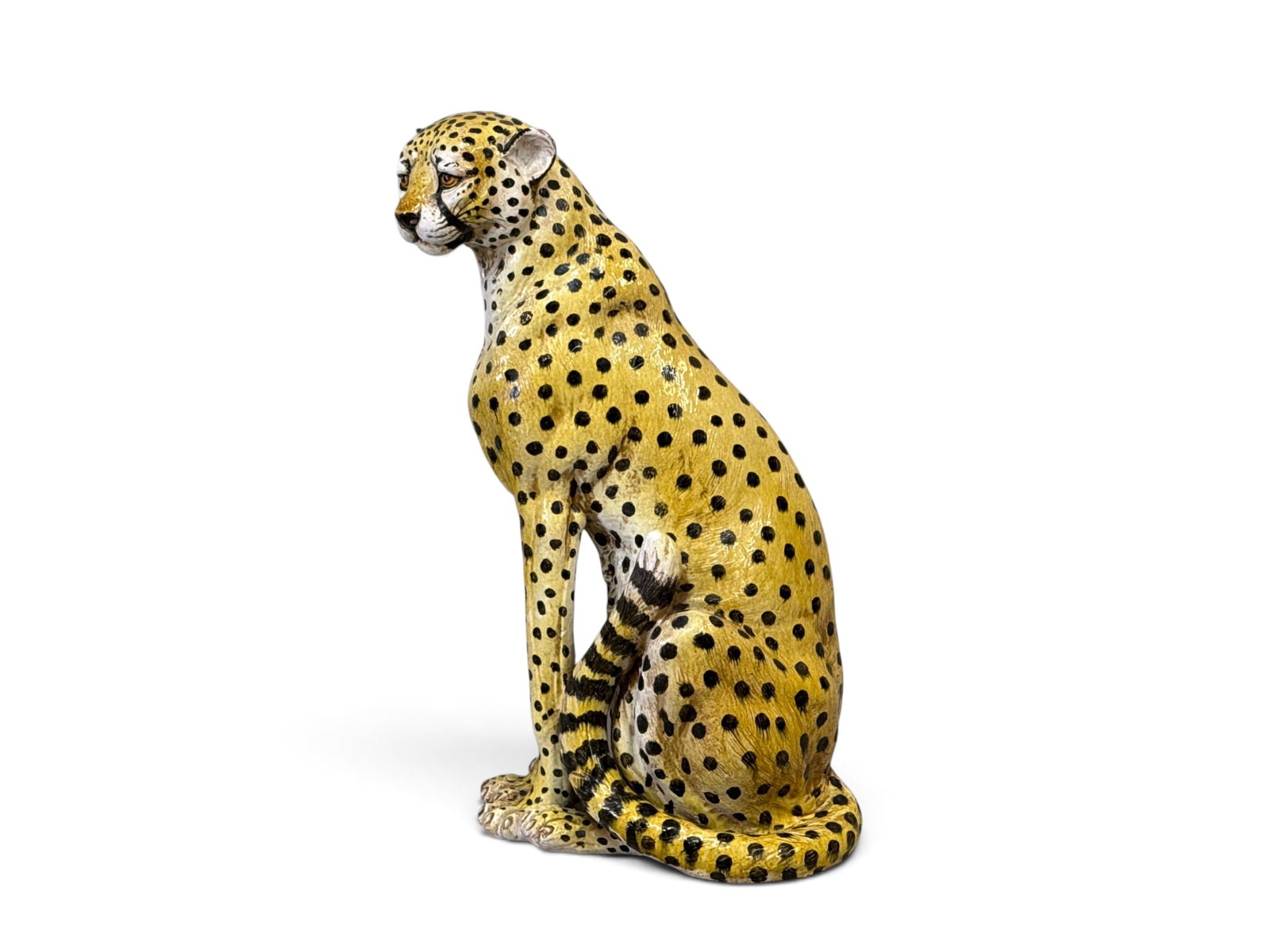 Large Italian Pottery Cheetah Sculpture: A large Italian pottery sculpture of a cheetah. Unsigned. 30in tall x 16in wide. | You have additional shipping options, and are not required to use Live Shipping. Additional shipping and delivery det