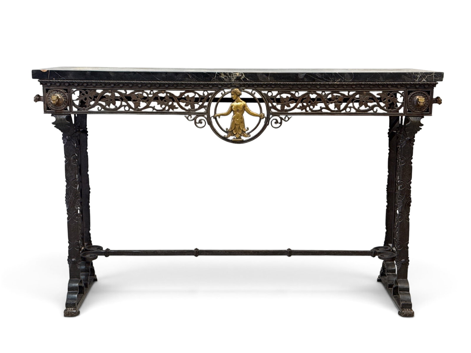 Oscar Bach Signed Art Deco Pier Table: An Oscar Bach signed Art Deco pier table having a stone top over a conforming frame with a pierced skirt of leaf and vine decoration centering a mermaid, and corners with animal mask brass mounts, set