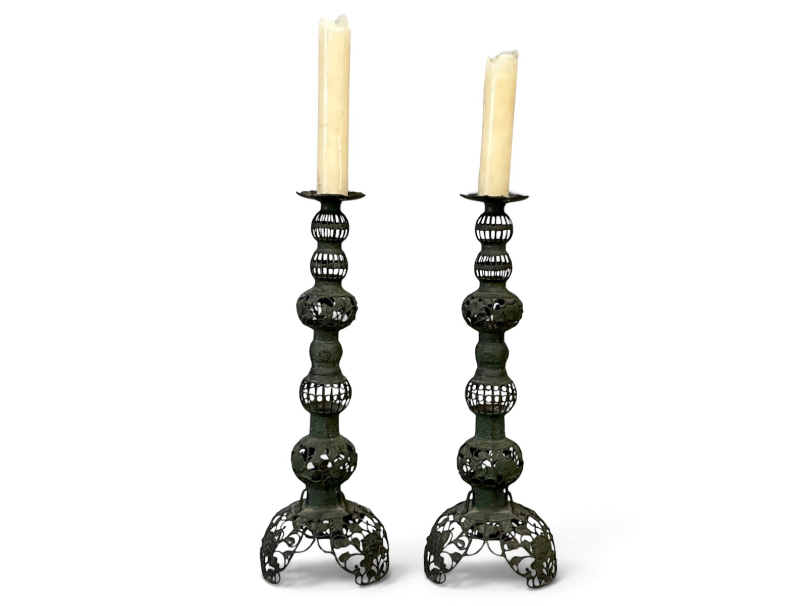 Pair of Asian Brass Openwork Candlesticks (1 of 4)