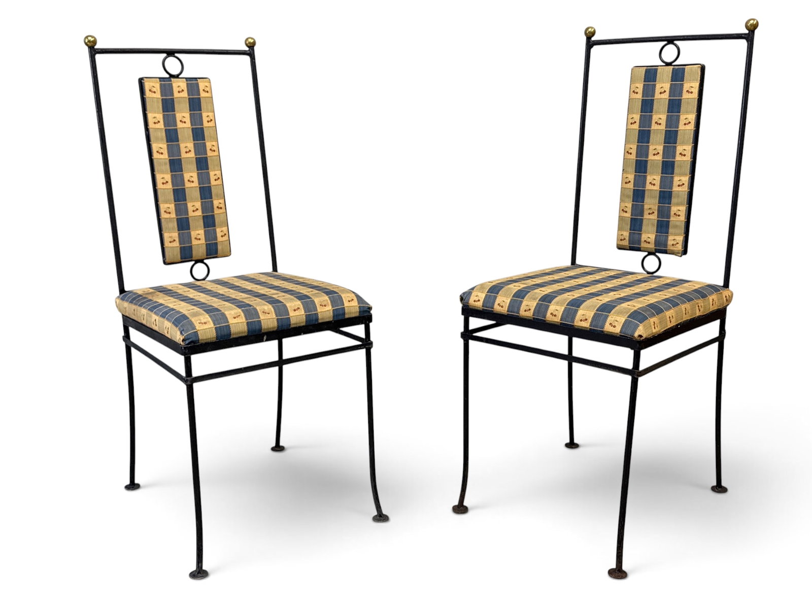 Pair of Art Deco-style Wrought Iron Side Chairs: A pair of wrought iron Art Deco-style side chairs. 38in tall x 15in wide x 16in deep. | You have additional shipping options, and are not required to use Live Shipping. Additional shipping and deliver