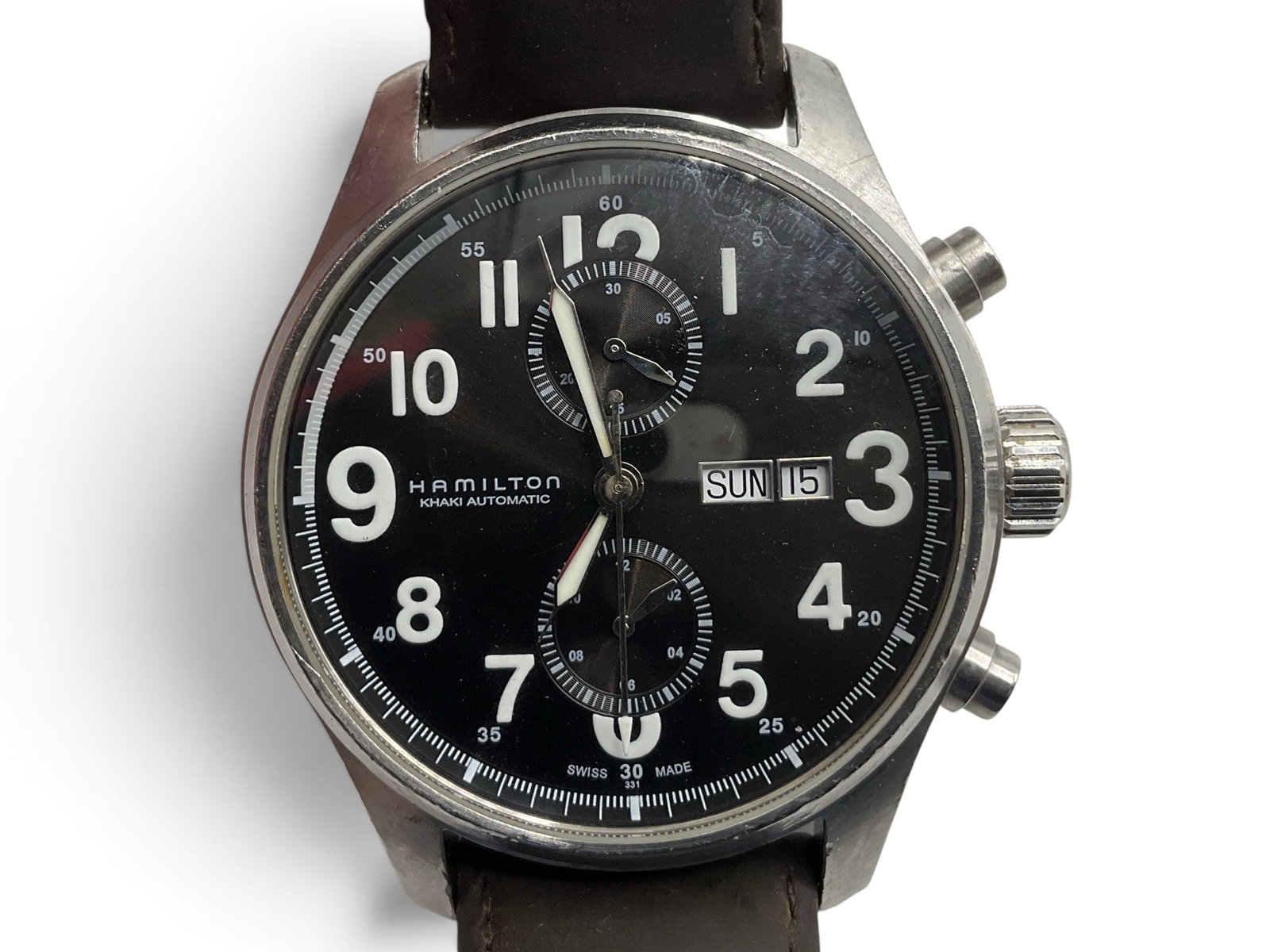 Hamilton Khaki Automatic Chronograph Watch: A Hamilton Khaki Field Officer Automatic Chronograph H717160 wristwatch with leather band. Case size is approx. 44mm. | You have additional shipping options, and are not required to use Live Shipping.