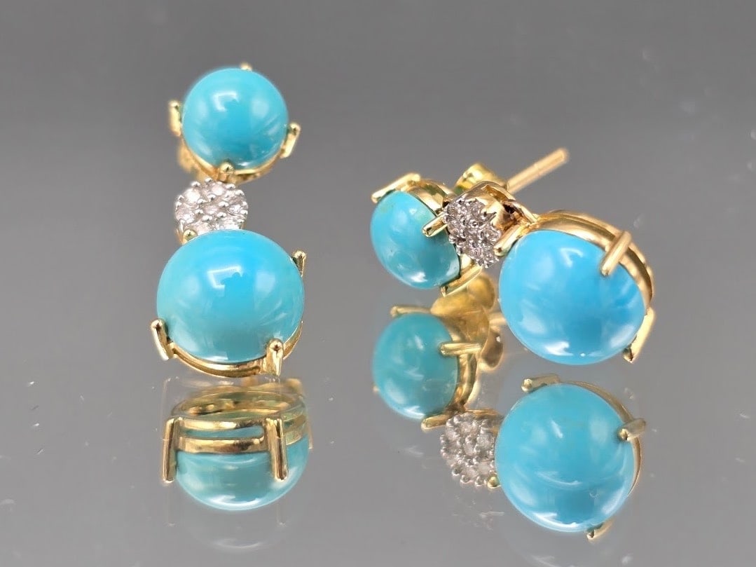 Le Vian 14K Turquoise and Diamond Earrings: A pair of Le Vian 14K yellow gold earrings with round turquoise cabochons and pave diamond accents. Marked Le Vian, 14K. 5/8in long. 2.25 dwt. | You have additional shipping options, and are not