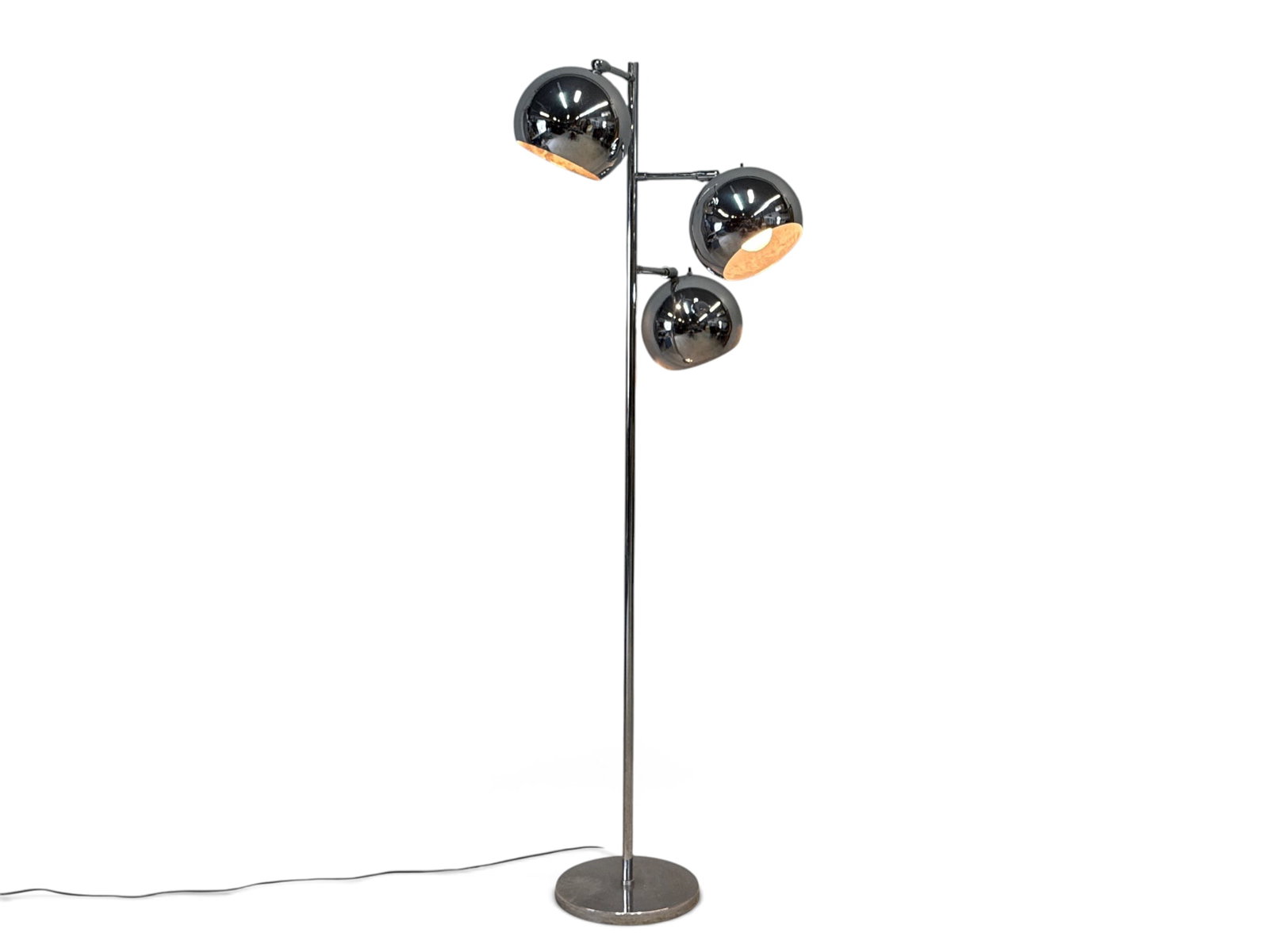 Modernist Chrome Three Light Floor Lamp: A modernist chrome three-light ball floor lamp with adjustable shades. 58in tall x 20in wide. | You have additional shipping options, and are not required to use Live Shipping. Additional shipping