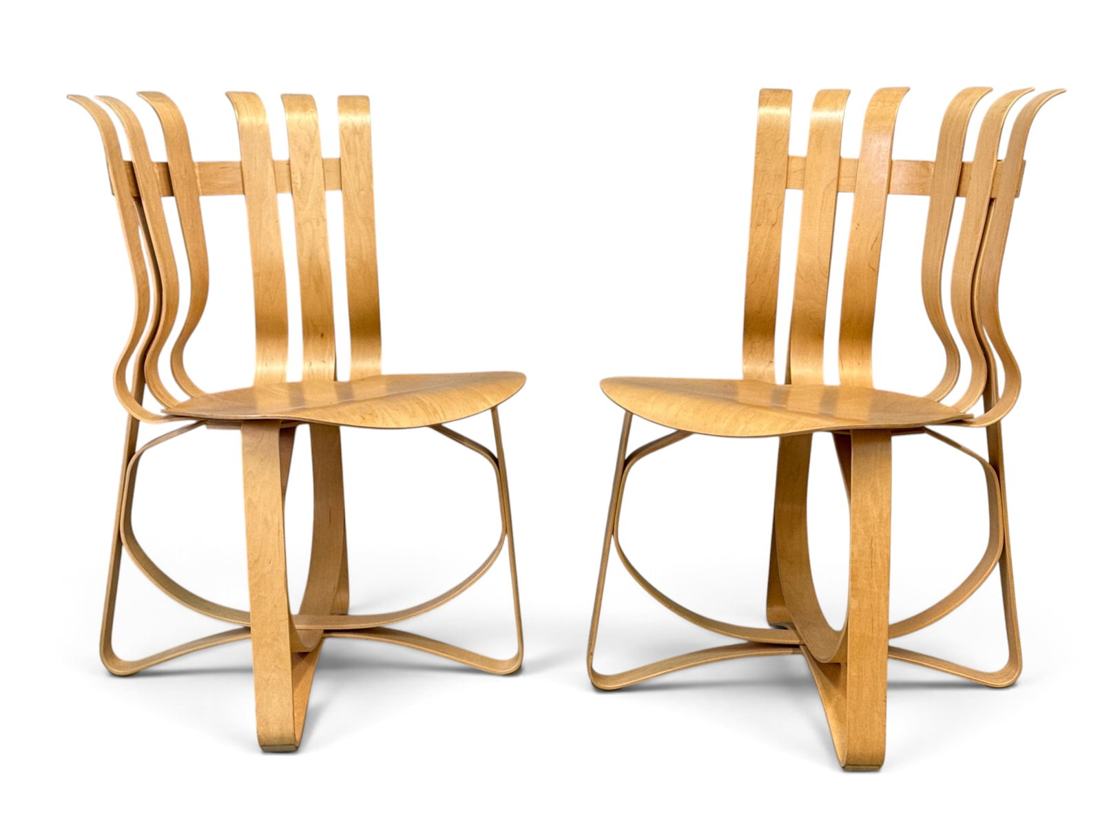 Pair Frank Gehry for Knoll Hat Trick Chairs: A pair of Frank Gehry for Knoll "Hat Trick" chairs. Both stamped. Each: 33-1/2in tall x 19in wide x 20in deep. | You have additional shipping options, and are not required to use Live Shipping.