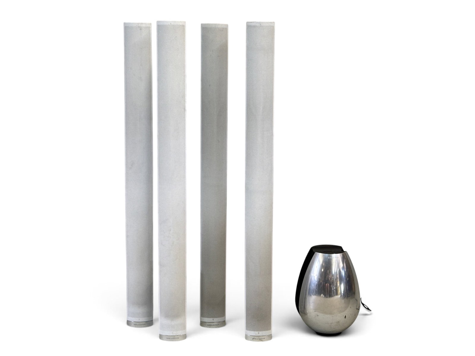 Bang & Olufsen BeoLab 6000 Speakers and Subwoofer: A grouping of four Bang & Olufsen BeoLab 6000 speakers, together with a matching subwoofer. | You have additional shipping options, and are not required to use Live Shipping. Additional shipping and
