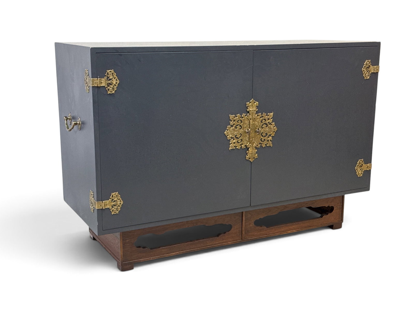 Beacon Hill Collection Chinoiserie Cabinet: A Beacon Hill Collection chinoiserie two-door server cabinet with a blue-painted case and gold tone metal accents. 33-1/4in tall x 50in wide x 19in deep. | You have additional shipping options, and ar
