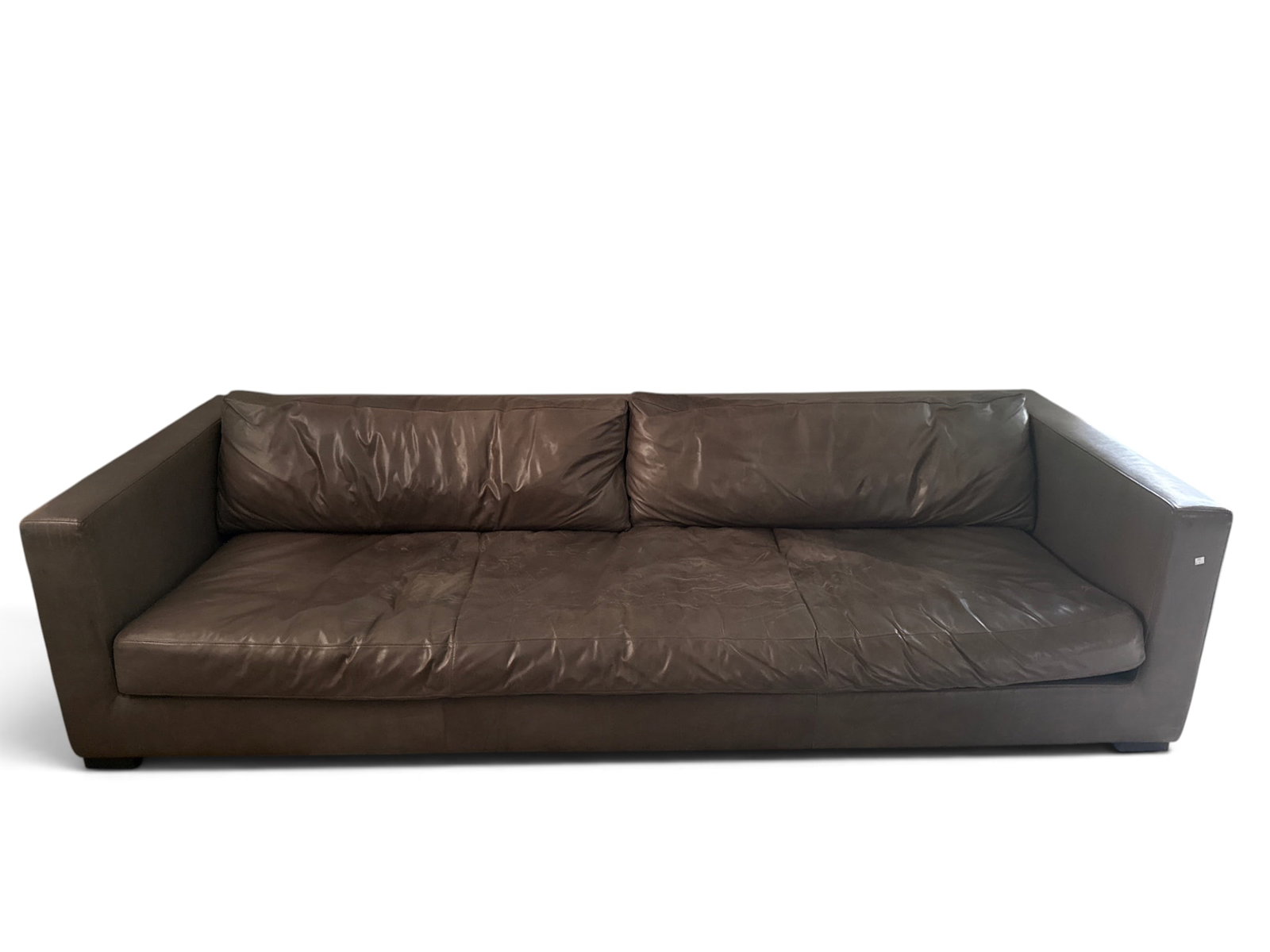 Restoration Hardware Gray Leather Sofa: A Restoration Hardware gray leather sofa with two elongated leather cushions. 27in tall x 108in wide x 48-1/2in deep. | You have additional shipping options, and are not required to use Live Shipping.
