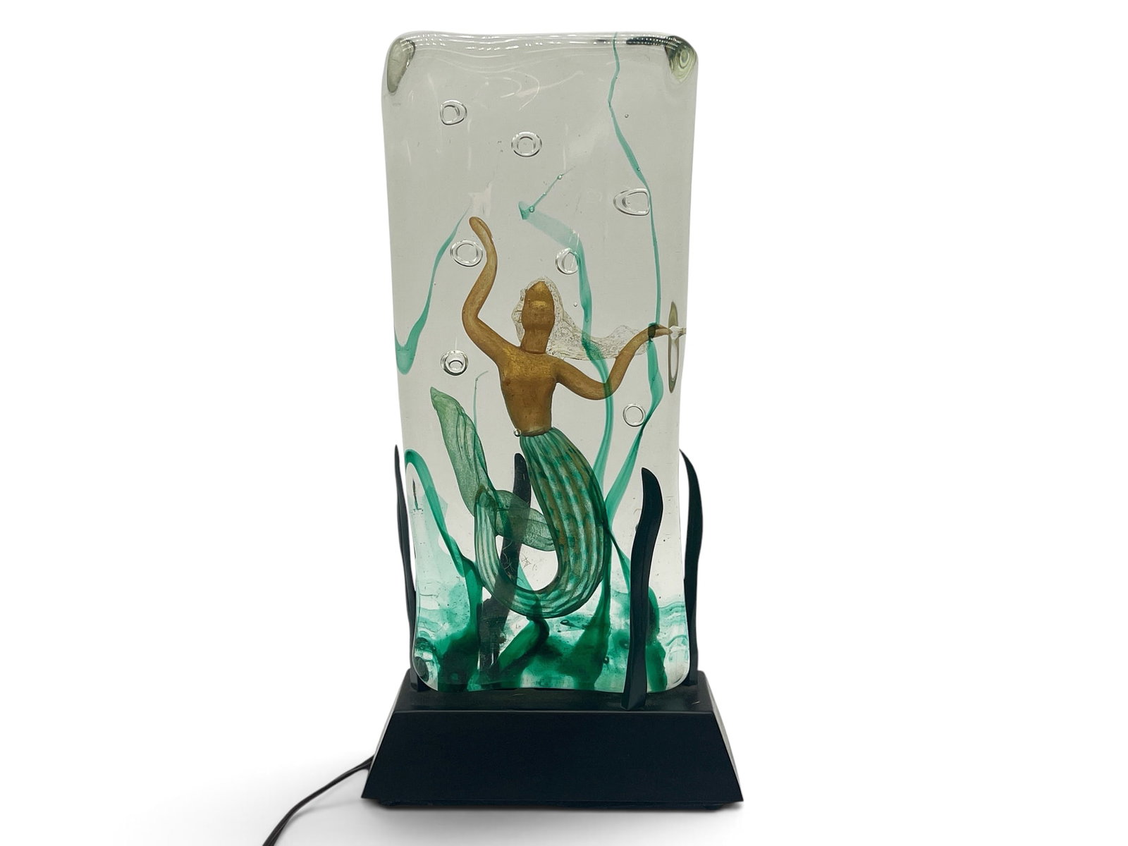 Italian Murano Glass Block Mermaid Lamp: An Italian Murano glass block mermaid sculpture converted into a lamp on base. Appears to be unsigned. 14-1/2in tall x 5-1/2in wide. | You have additional shipping options, and are not required to use