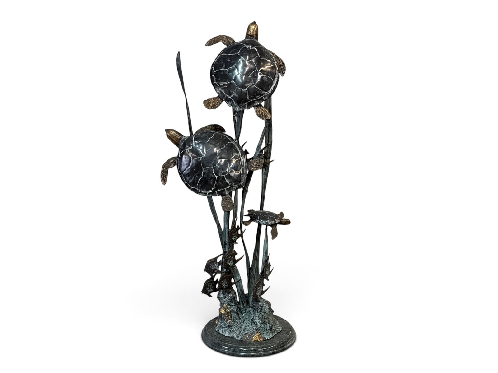 Large Patinated Bronze Sea Turtle Floor Sculpture: A large floor-standing patinated bronze sculpture depicting an undersea scene with sea turtles and fish. Unsigned. 52in tall. | You have additional shipping options, and are not required to use Live
