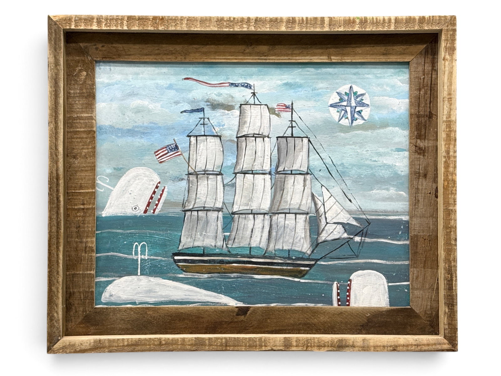 Melinda Kirkpatrick Painting/Panel: Masted Ship and Whales: Melinda Kirkpatrick (American, Contemporary). A New England folk art painting on panel depicting a three-masted sailing ship flying an American flag with whales. Framed. Panel: 11in x 14in. Outside fr