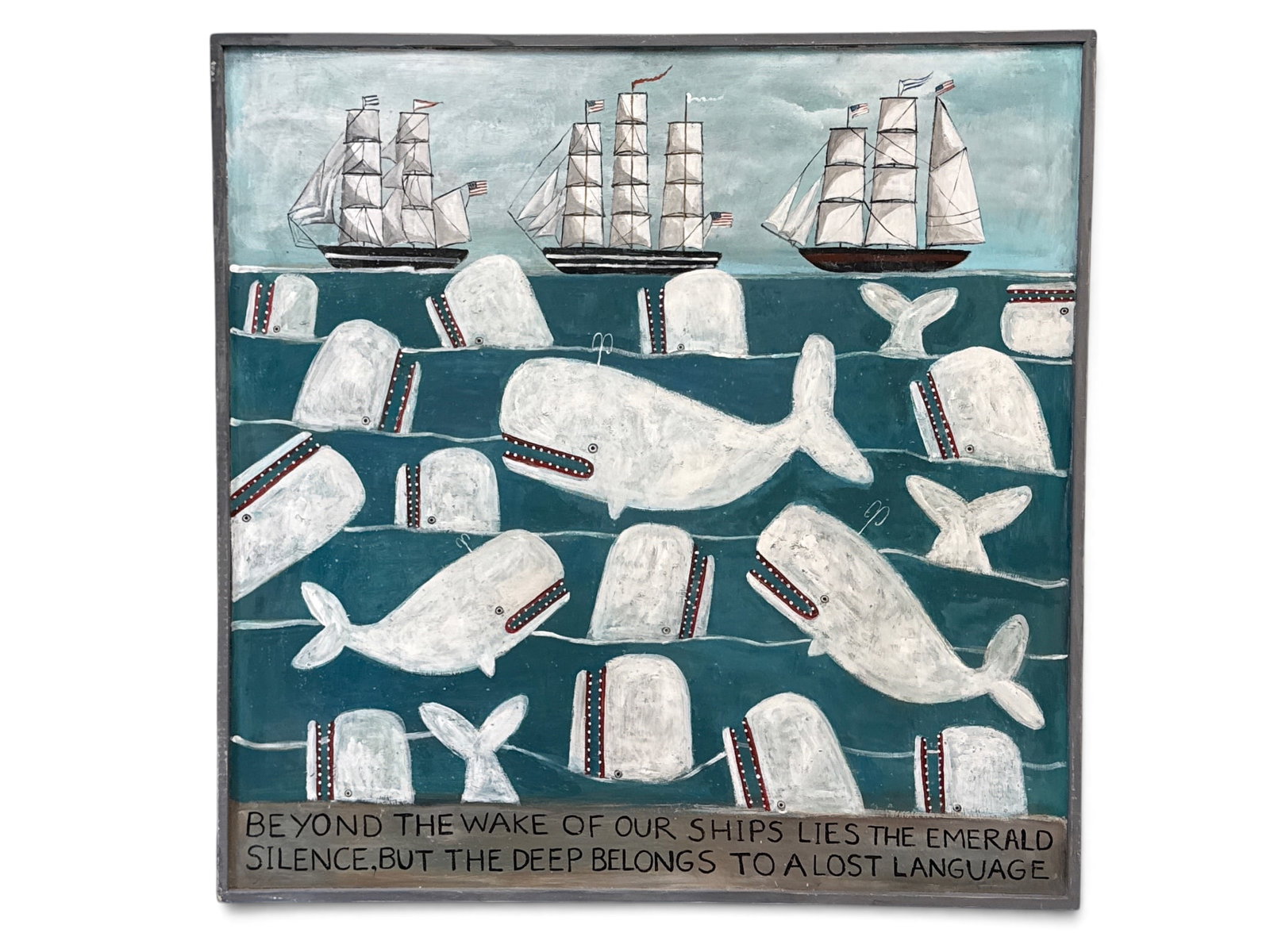 Melinda Kirkpatrick Painting/Panel: Beyond the Wake: Melinda Kirkpatrick (American, Contemporary). A large format New England folk art painting on panel depicting whales and masted ships at sea with a whimsical phrase along lower edge. 49-1/4in x 49-1/4