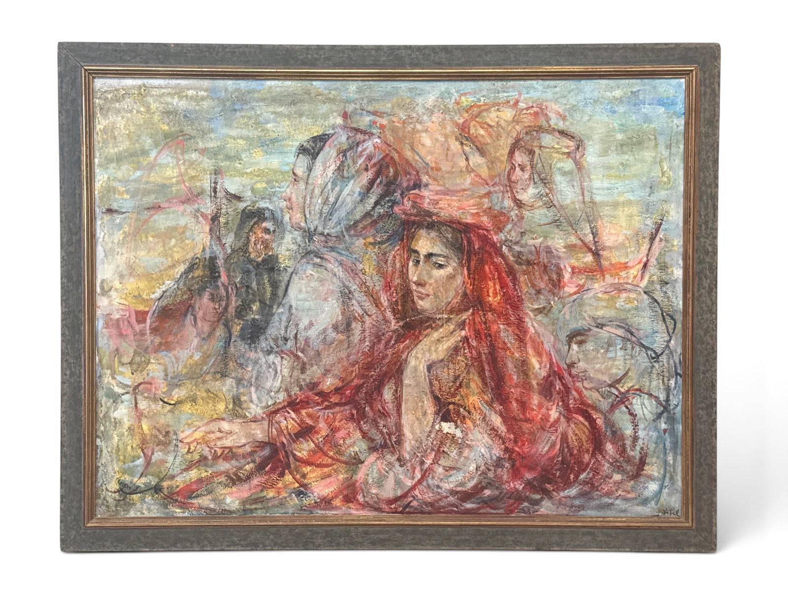 Edna Hibel Oil/Canvas: On Beach: Edna Hibel (American, 1917-2014). An oil on canvas impressionist-style painting with figures of women. Signed lower right. The Marble Arch Gallery tag verso. Frame: 41-1/2in x 53in. | You have