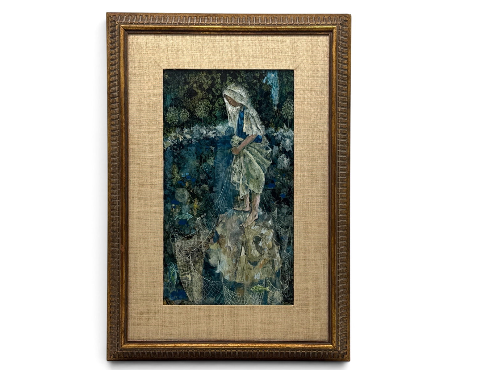 Don Lord Tempera/Panel: Girl Fishing: Don Lord (Pennsylvania, 1929-1990). An tempera on panel of a young girl fishing in a surrealist landscape. Signed lower right. Frame: 23in x 16in. | You have additional shipping options, and are not