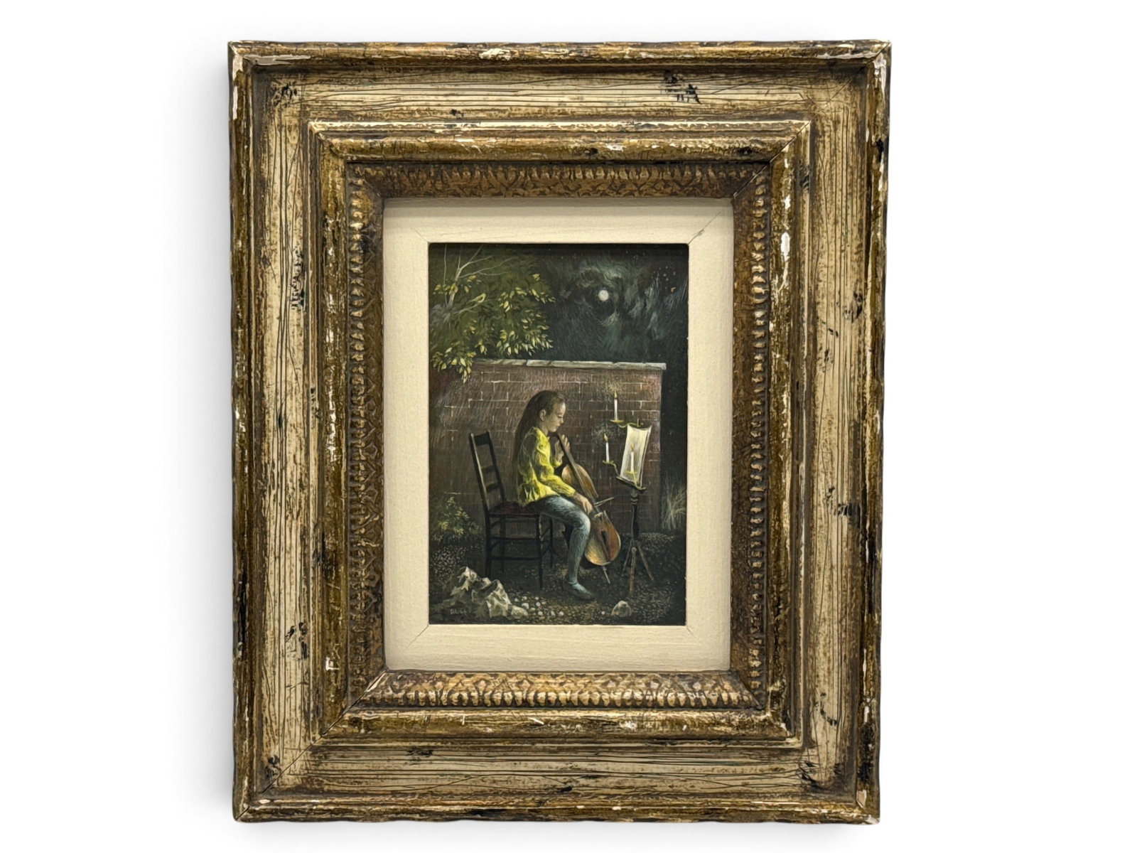 Don Lord Tempera/Panel: Girl Playing Cello: Don Lord (Pennsylvania, 1929-1990). A small tempera on board of young girl playing a cello by moonlight. Signed. Frame: 12in x 10in. | You have additional shipping options, and are not required to