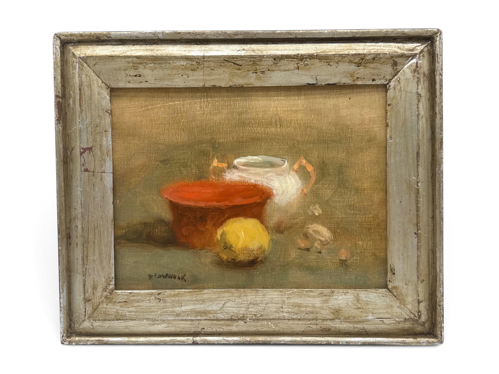 Seymour Remenick Oil/Board: Still Life with Red Bowl: Seymour Remenick (American, 1923-1999). An oil on board still life with lemon and red bowl. Signed. Frame: 10-1/2in x 12in. | You have additional shipping options, and are not required to use Live Shi