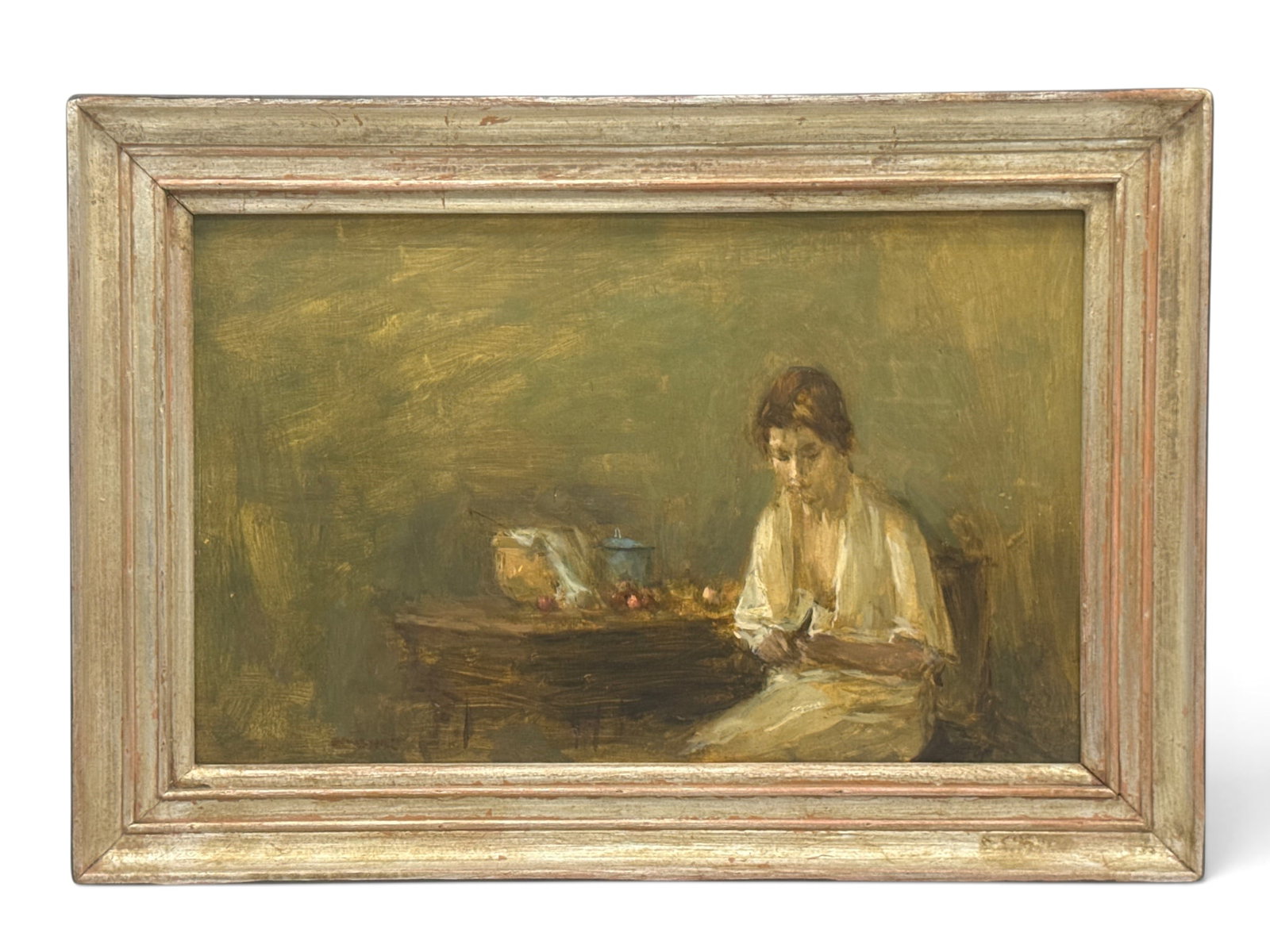 Seymour Remenick Oil/Board: Woman At Table: Seymour Remenick (American, 1923-1999). An oil on board titled "Woman at Table" depicting woman seated at a table with fruit and bowls. Frame: 12in x 16in. | You have additional shipping options, and 