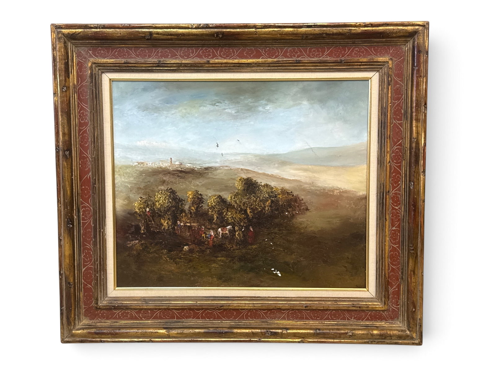 Henry Dentith Oil/Canvas: Olive Pickers: Henry Dentith (English, b. 1931). An oil on canvas landscape of farmers picking olives. Signed. Frame: 25-1/2in x 30in. | You have additional shipping options, and are not required to use Live