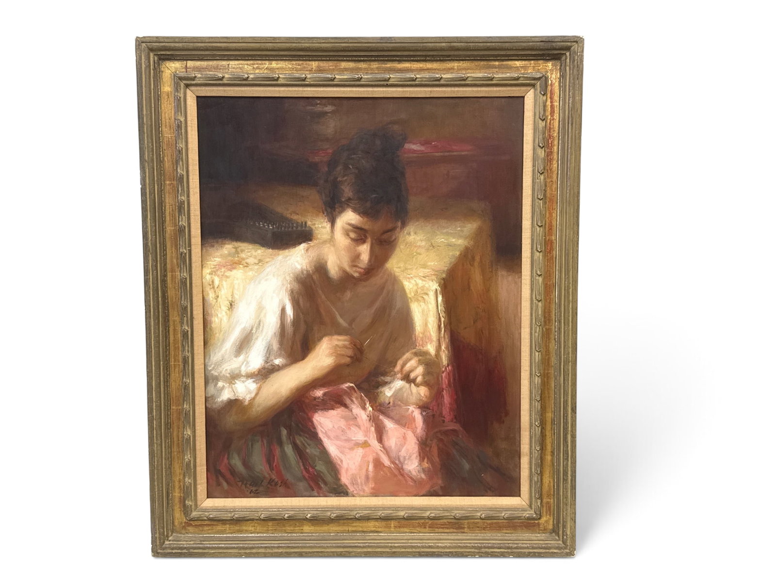 Neil Kosh Oil/Canvas: Woman Sewing: Neil Kosh (American, 1926-2010). An oil on canvas of a young woman sewing in a bedroom with a harpsichord in the background. Signed lower left. Frame: 37in x 31in. | You have additional shipping