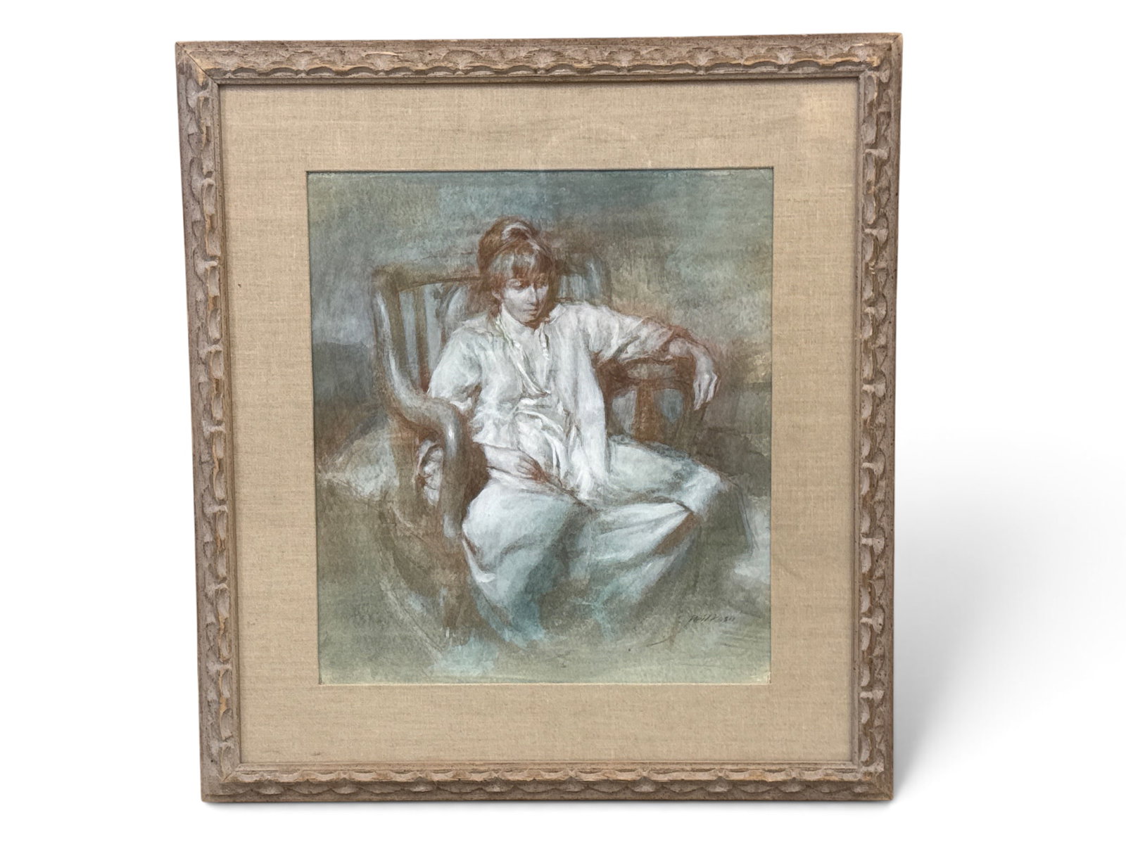 Neil Kosh Pastel/Paper: Girl Seated in Chair: Neil Kosh (American, 1926-2010). An oil pastel and conte crayon portrait on paper of a young girl seated in a wooden chair. Signed lower right. Frame: 27in x 24-1/2in. | You have additional shipping