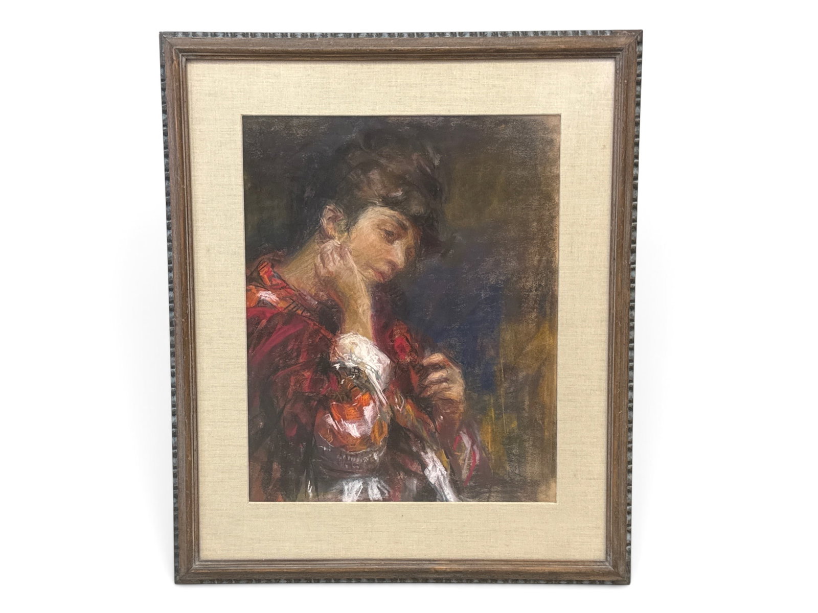 Neil Kosh Oil Pastel/Paper: Woman in Red Shawl: Neil Kosh (American, 1926-2010). An oil pastel portrait of young woman wearing a colorful red shawl. Frame: 31in x 25-1/2in. | You have additional shipping options, and are not required to use Live