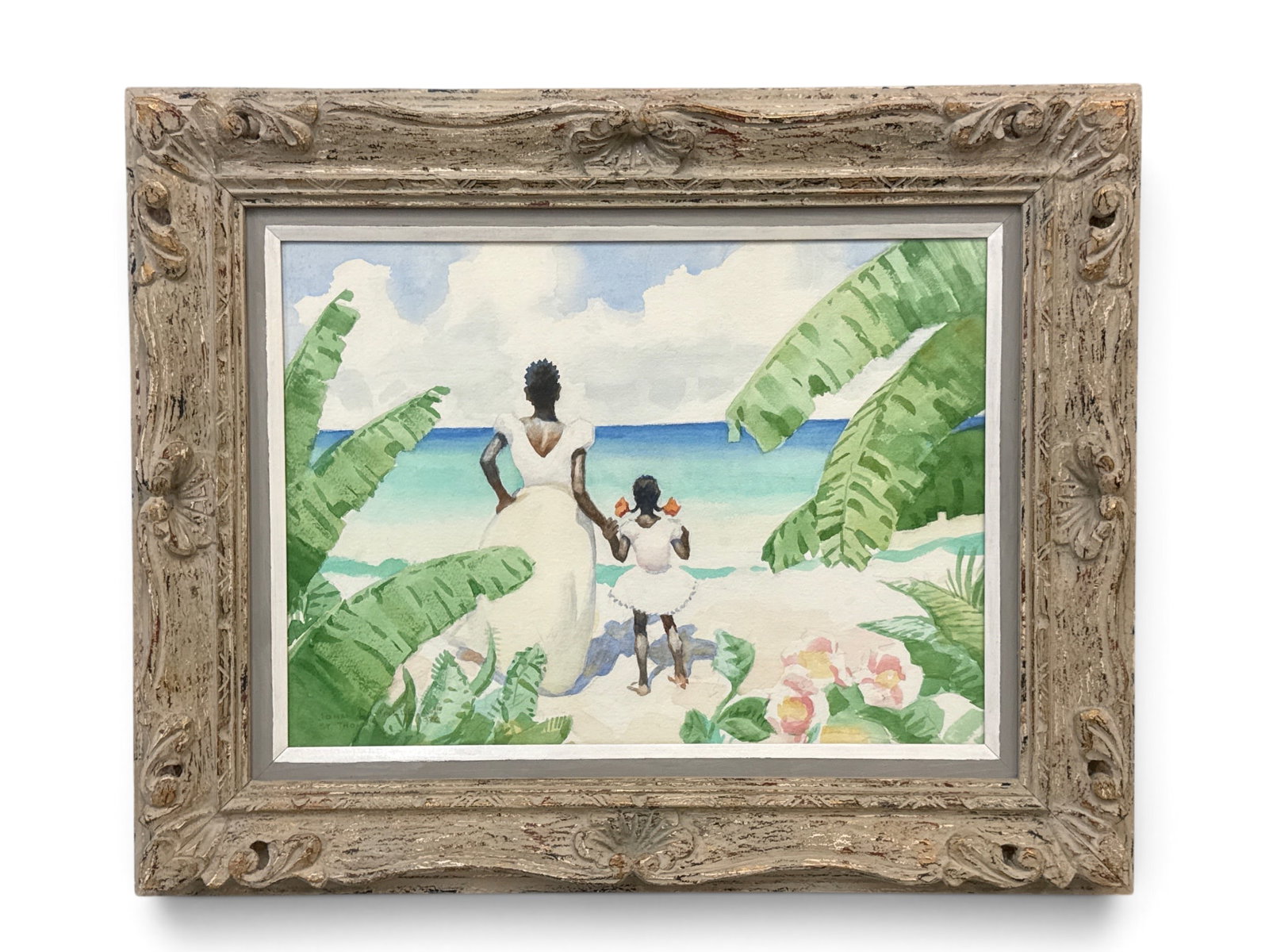 John Lavalle Watercolor/Paper: Mother and Child: John Lavalle (American, 1896-1971). A watercolor on paper of a mother and child on St. Thomas beach. Signed lower left. Frame: 22in x 27in. | You have additional shipping options, and are not required