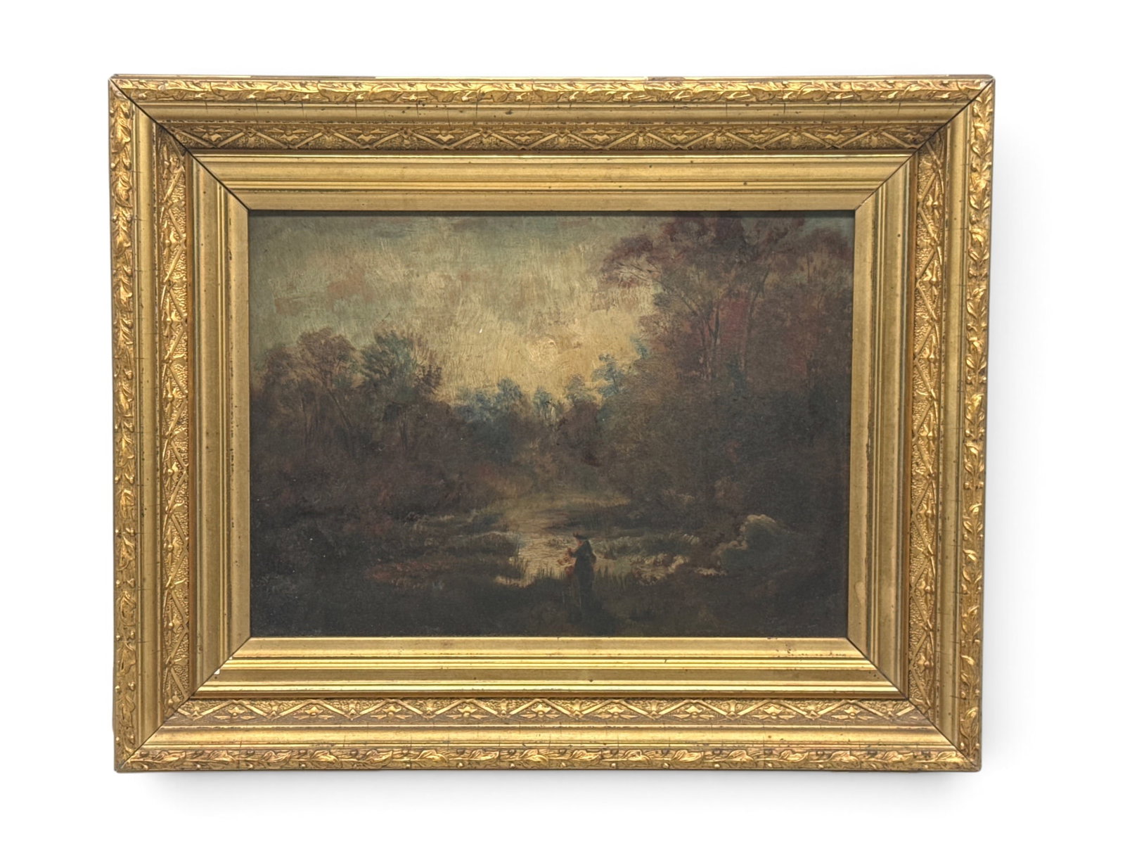 19th C. Gilt-Framed Oil/Board: Fishing Scene: A diminutive 19th C. oil on board depicting a soldier fishing. Frame: 12in x 14-1/2in. | You have additional shipping options, and are not required to use Live Shipping. Additional shipping and