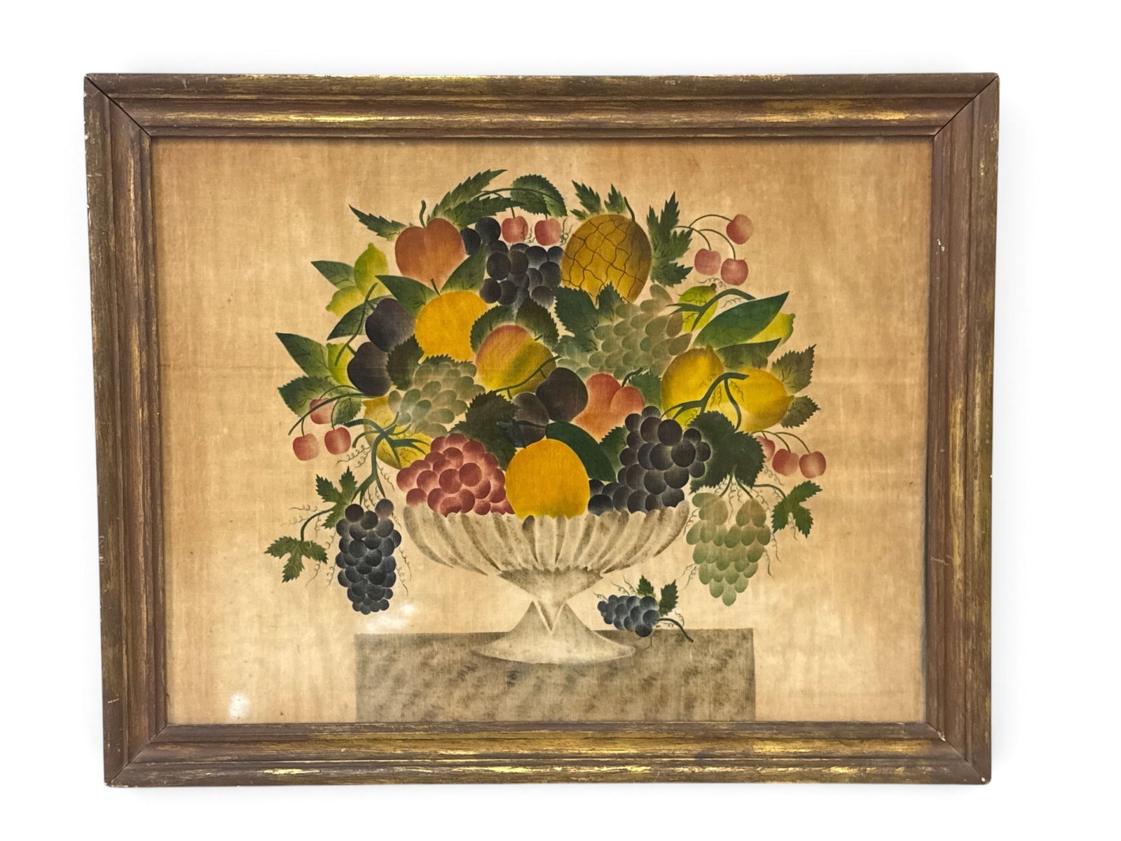 19th C. Gilt Framed Velvet Theorem: A 19th C. gilt wood-framed velvet theorem still life with fruit. Frame: 24in x 29in. | You have additional shipping options, and are not required to use Live Shipping. Additional shipping and delivery