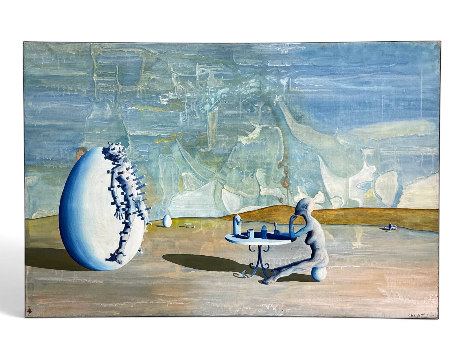 Large-Format Midcentury Surrealist Scene: A large format midcentury surrealist oil on canvas depicting a possibly-female alien figure seated at a table viewing a possibly-male alien figure mounted on an egg. Signed lower right. Frame: 36in x 