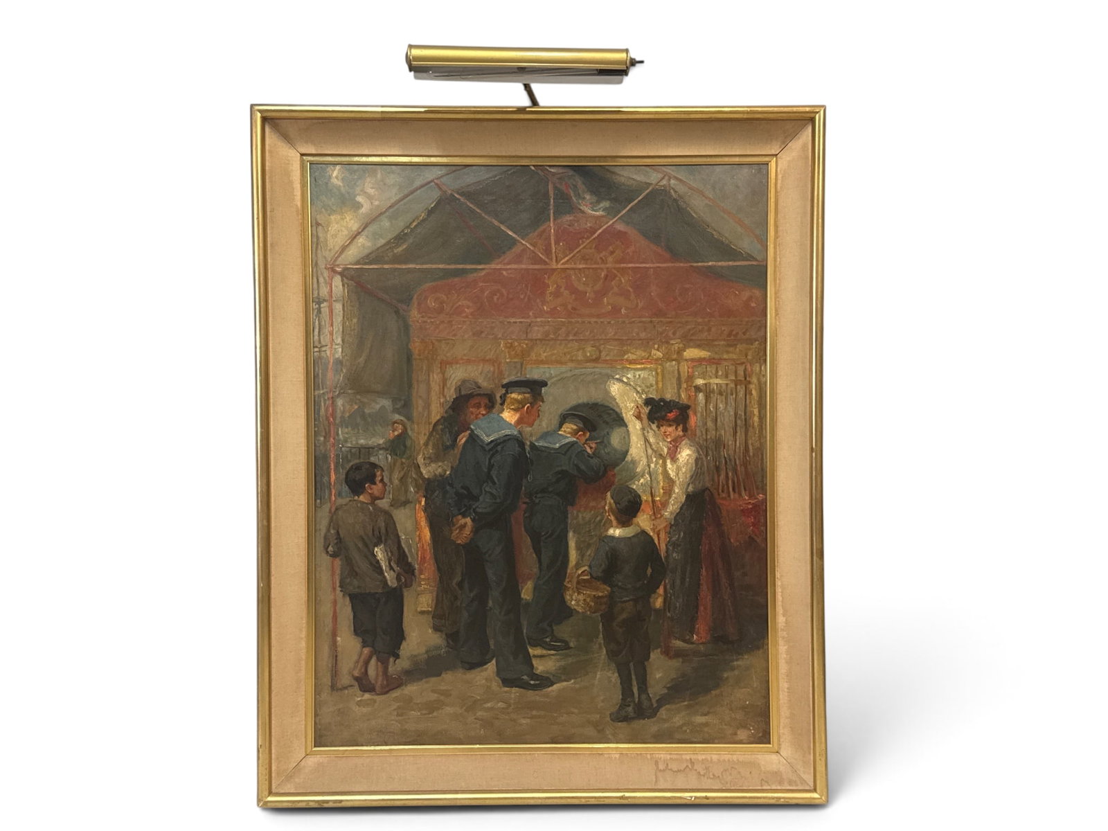 Oil/Canvas Illustration: Carnival Shooting Gallery: An oil on canvas illustration depicting naval soldiers at a boardwalk shooting gallery with onlookers. Unsigned and gilt framed. Frame: 46-1/2in x 37in. | You have additional shipping options, and are