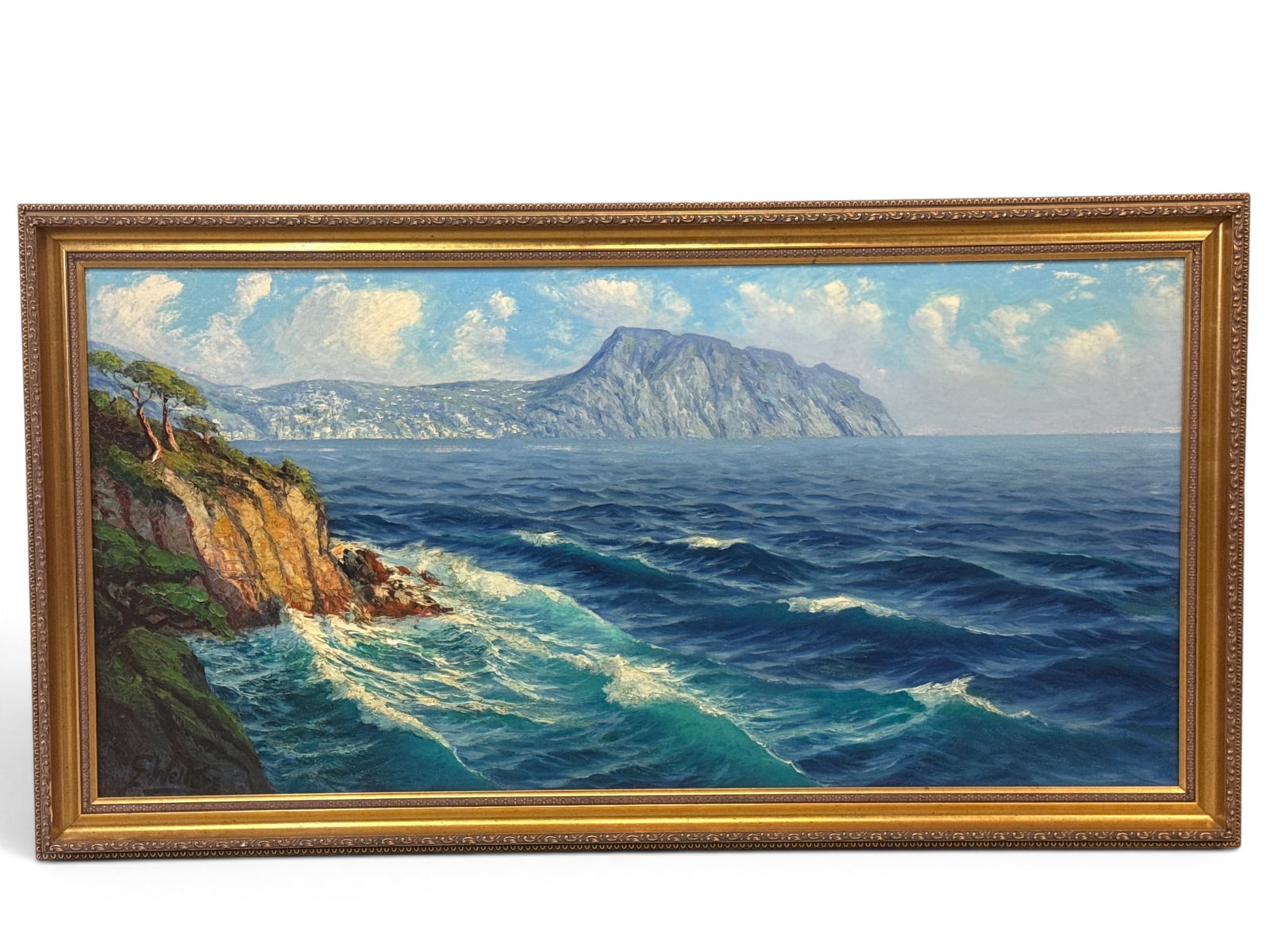Guglielmo Welters Oil/Canvas: Portofino: Guglielmo Welters (1913-2003). An oil on canvas titled "Portofino, Visto de Ponente" depicting a seaside landscape. Signed lower left. Frame: 28in x 51-1/2in. | You have additional shipping options, a