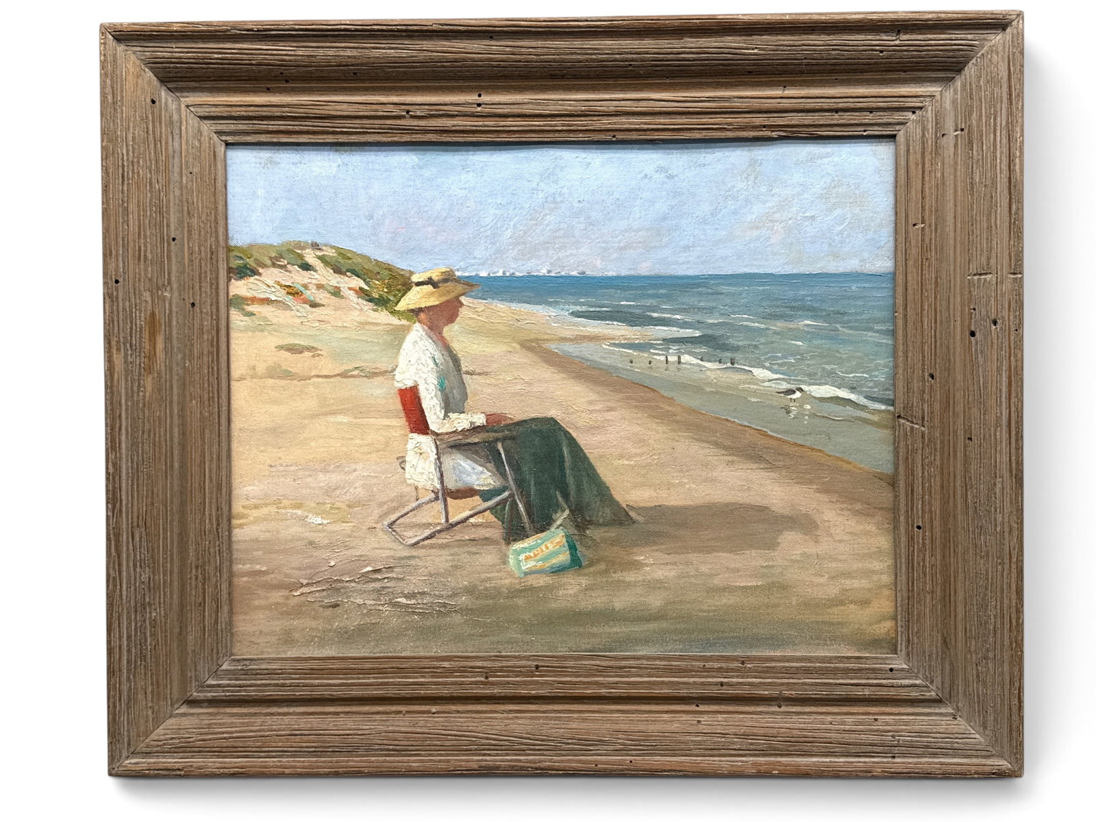 George P. Orr Oil/Board: Woman on Gloucester Beach: George P. Orr (American, 20th C.). An oil on canvas board depicting a seated woman on a beach. Unsigned. Provenance: From the estate of the artist. Panel: 14in x 18in. Outside frame: 19-1/4in x 23-1/4