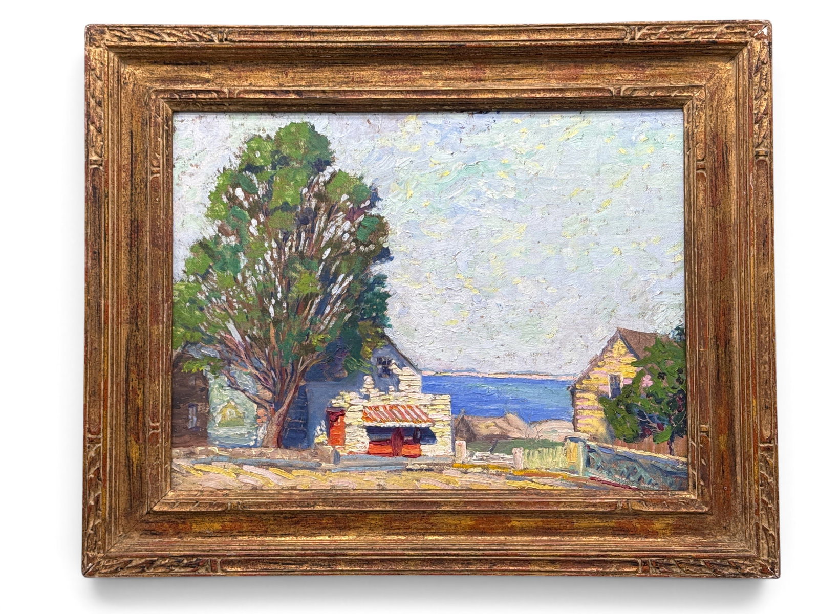 George P. Orr Oil/Panel: Gloucester Houses: George P Orr (American, 20th C.). An oil on panel landscape of Gloucester houses. Signed "Orr" verso.in a custom Arts & Crafts carved giltwood frame. Provenance: From the estate of the artist. Board: 
