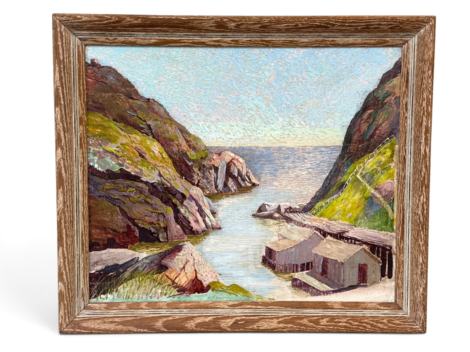 George P. Orr Oil/Board: Quidi Vidi, Newfoundland: George P. Orr (American, 20th C.). An oil on panel depicting a coastal landscape in Quidi Vidi, Newfoundland. Signed and titled verso. Provenance: From the estate of the artist. Panel: 20in x 24in. Ou
