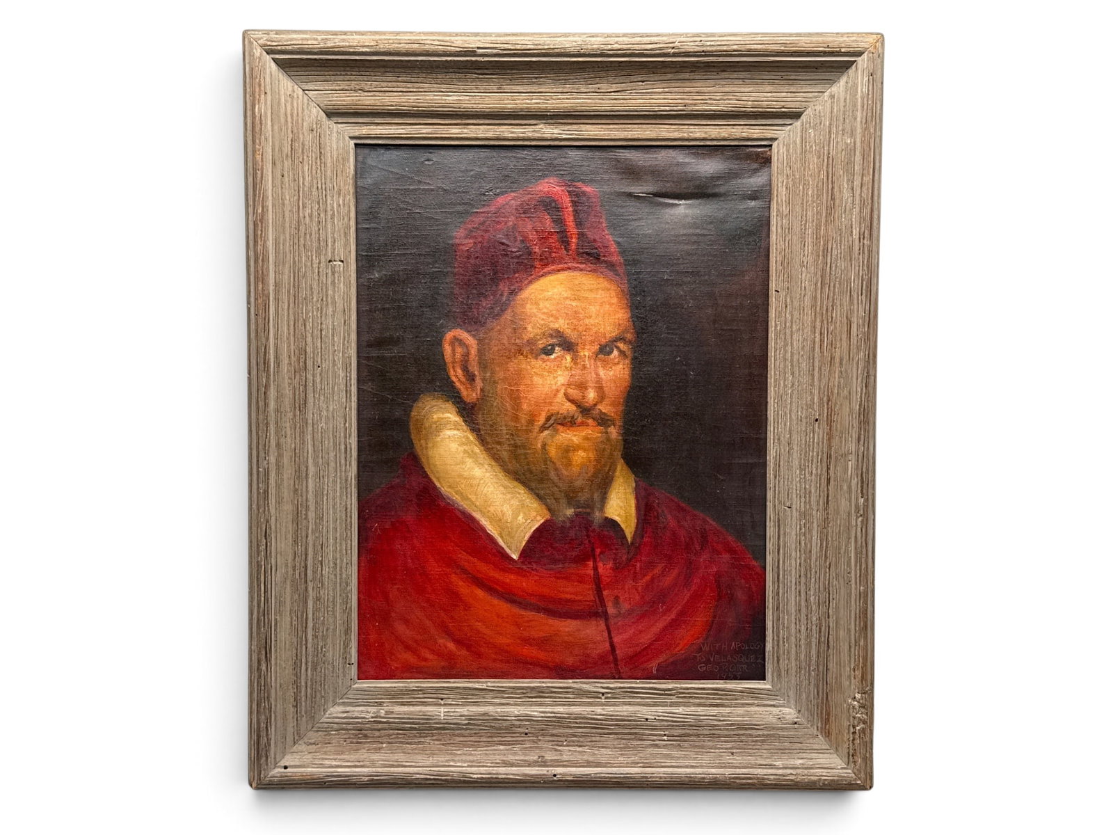 George P. Orr Oil/Canvas: Portrait of Pope Innocent X: George P. Orr (American, 20th C.). An oil on canvas portrait of Pope Innocent X, after a work by Velazquez. Signed lower right and framed. Provenance: From the estate of the artist. Canvas: 14in x 18i