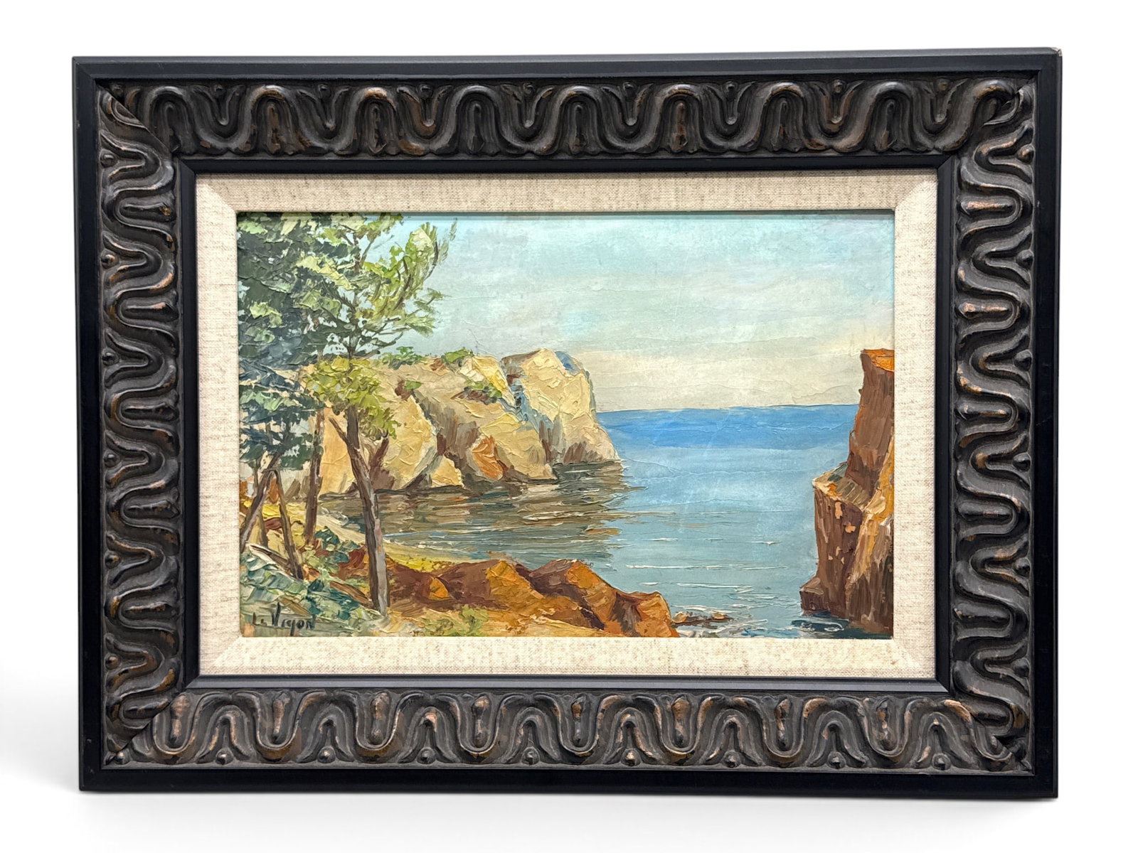 Le Vigon Oil/Panel: Coastal Landscape: An oil on panel Mediterranean coastal landscape. Signed lower left Le Vigon and framed. Panel: 8in x 12in. Outside frame: 12in x 16in. | You have additional shipping options, and are not required to u