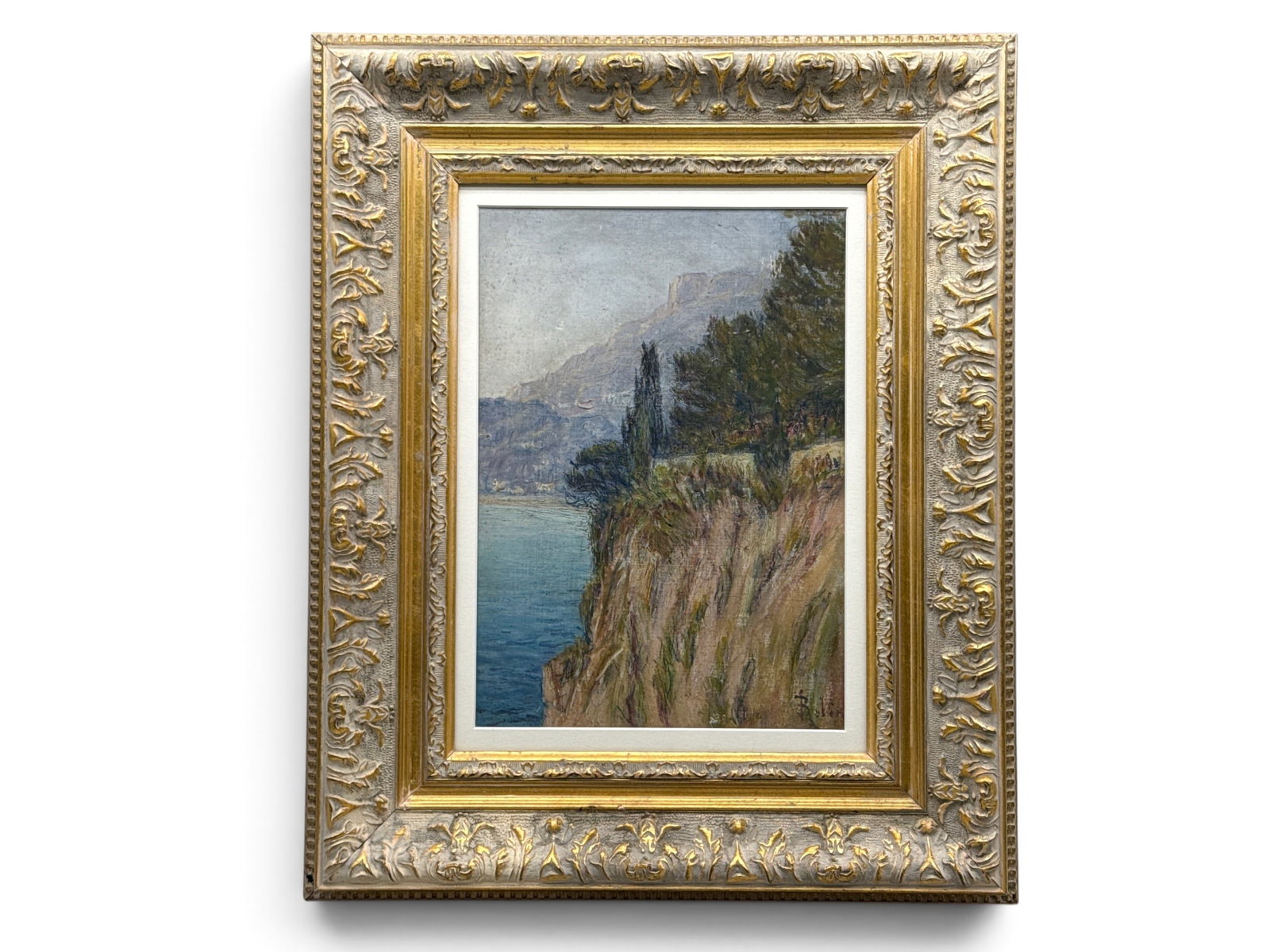 Oil/Panel: Mountainous Landscape: An oil on panel mountainous landscape Appears to be signed lower right "Rubin". Framed under glass. Mat opening: 12-1/4in x 8-3/4in. Outside frame: 20-1/4in x 16-1/2in. | You have additional shipping 