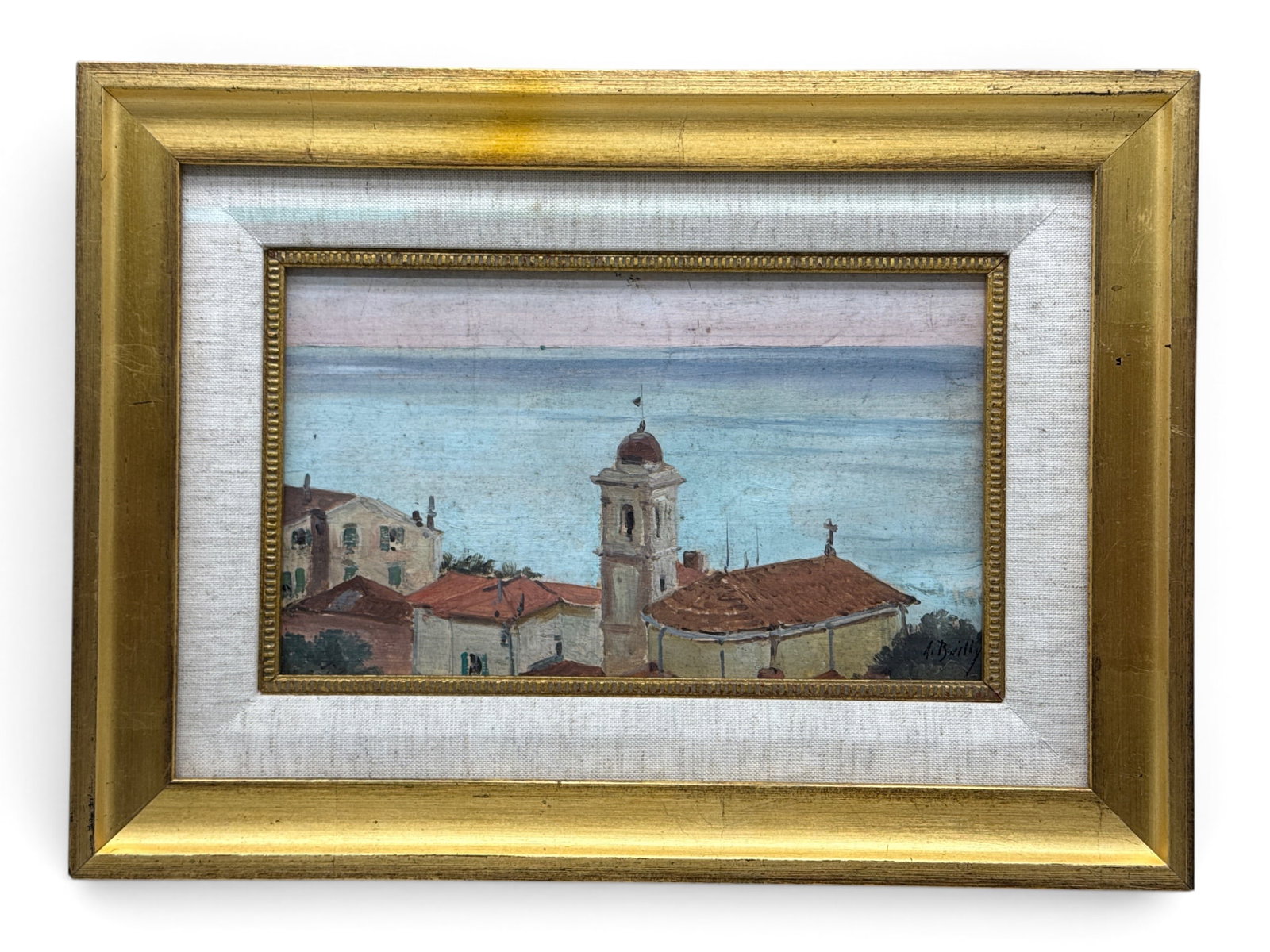 Alexandre Bailly Oil/Panel: Landscape: Alexandre Bailly (French, 1866-1947). An oil on panel Mediterranean coastal landscape. Framed under glass. Frame opening: 5-1/2 x 9-1/2in. Outside frame: 11in x 15in. | You have additional shipping op