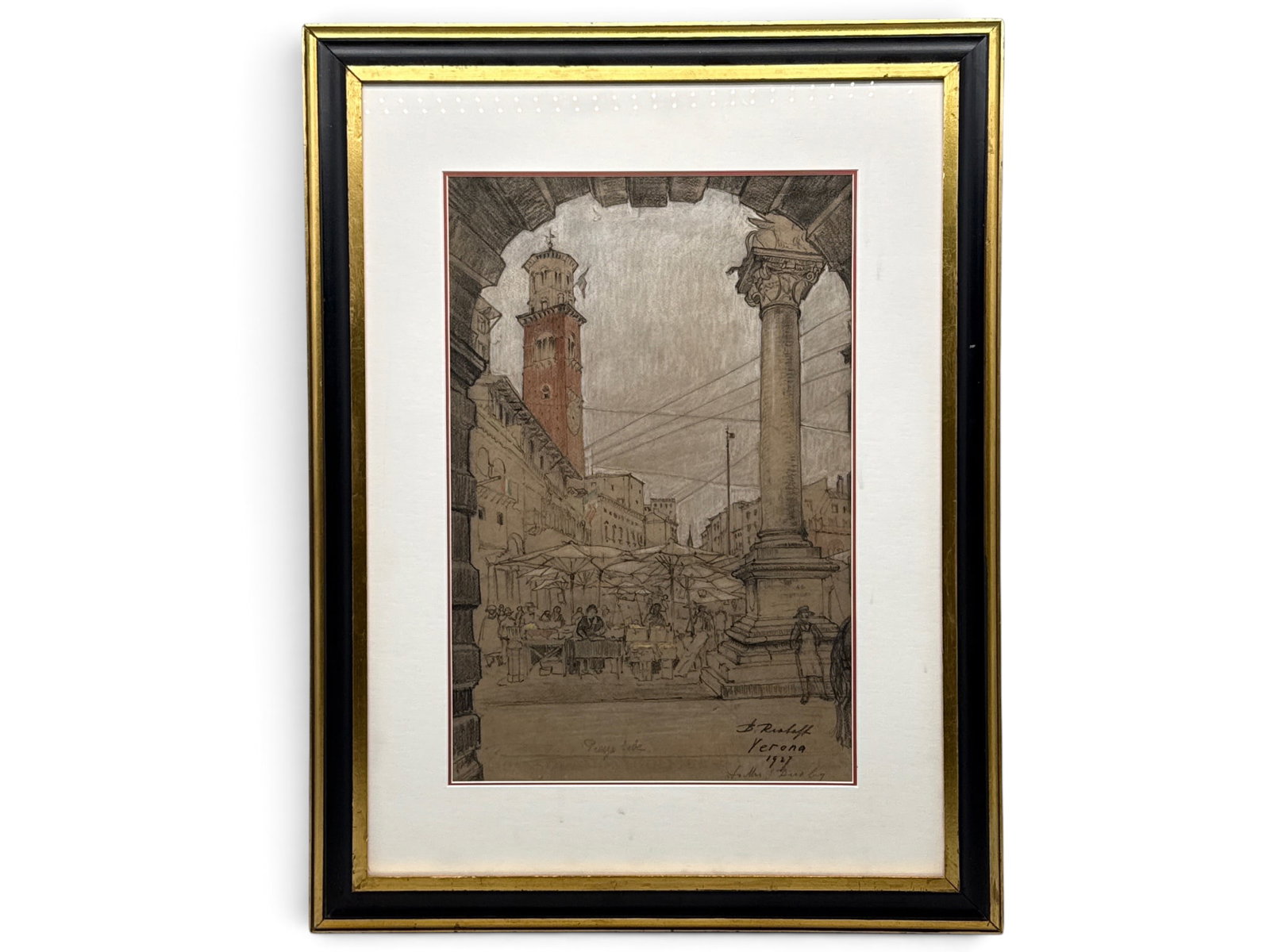 Italian School Charcoal and Pastel: Verona Landscape: An Italian school charcoal and pastel on paper landscape depicting the Piazza delle Erbe in Verona, Italy. Signed illegibly and framed under glass. Mat opening: 18in x 12in. Outside frame: 27-1/4in x 