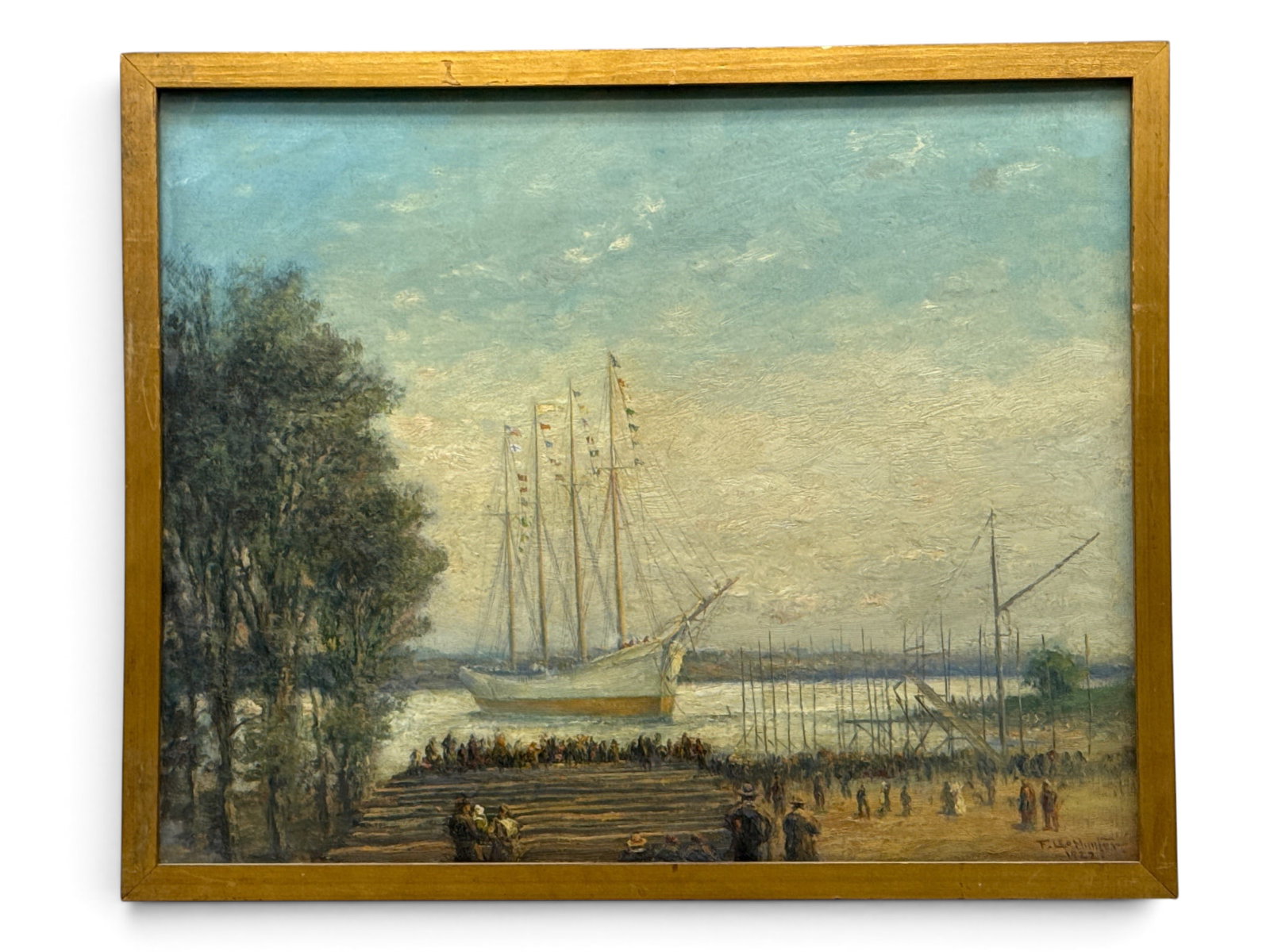 Frederick Leo Hunter Oil/Panel: Ship in Harbor: Frederick Leo Hunter (American, 1858-1943). An oil on panel portrait of a clipper ship at harbor. Signed lower right and dated 1922. Under glass. Frame opening: 15-3/4in x 19-3/4in. Outside frame: 17-