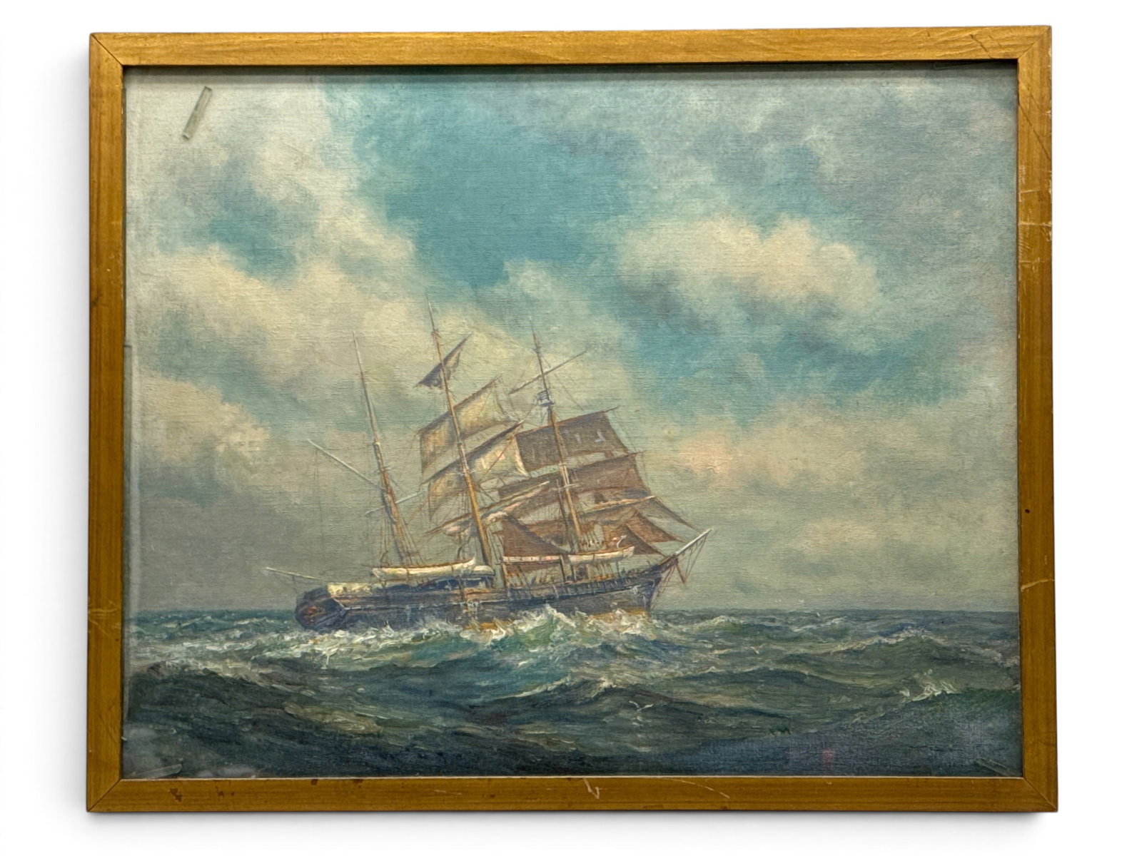 Frederick Leo Hunter Oil/Panel: Ship at Sea: Frederick Leo Hunter (American, 1858-1943). An oil on panel portrait of a clipper ship at sea. Signed obscurely lower right. Framed under glass. Frame opening: 15-3/4in x 19-3/4in. Outside frame: 17-1