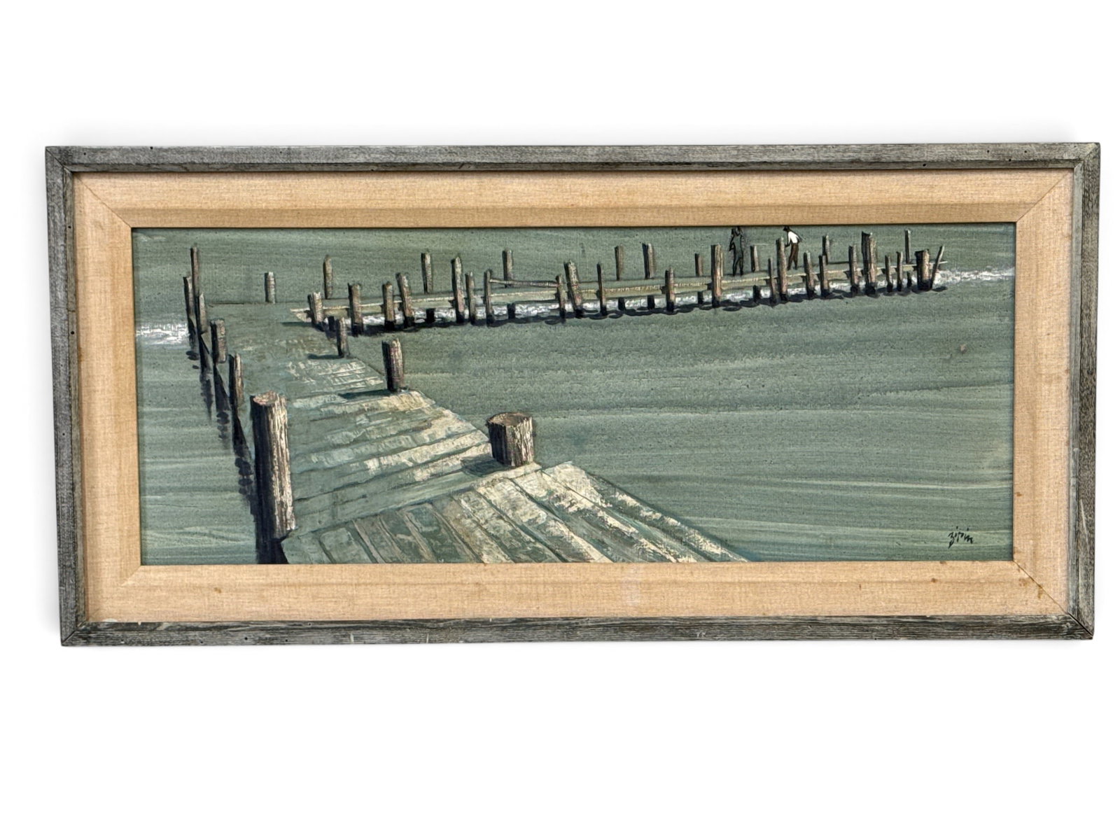 Martin Zipin Oil/Canvas: Docks: Martin Jack Zipin (American, 1920-1991). An oil on canvas depicting boat docks. Signed and framed. 12in x 30-1/4in. Outside frame: 16-1/2in x 34-3/4in. | You have additional shipping options, and are 