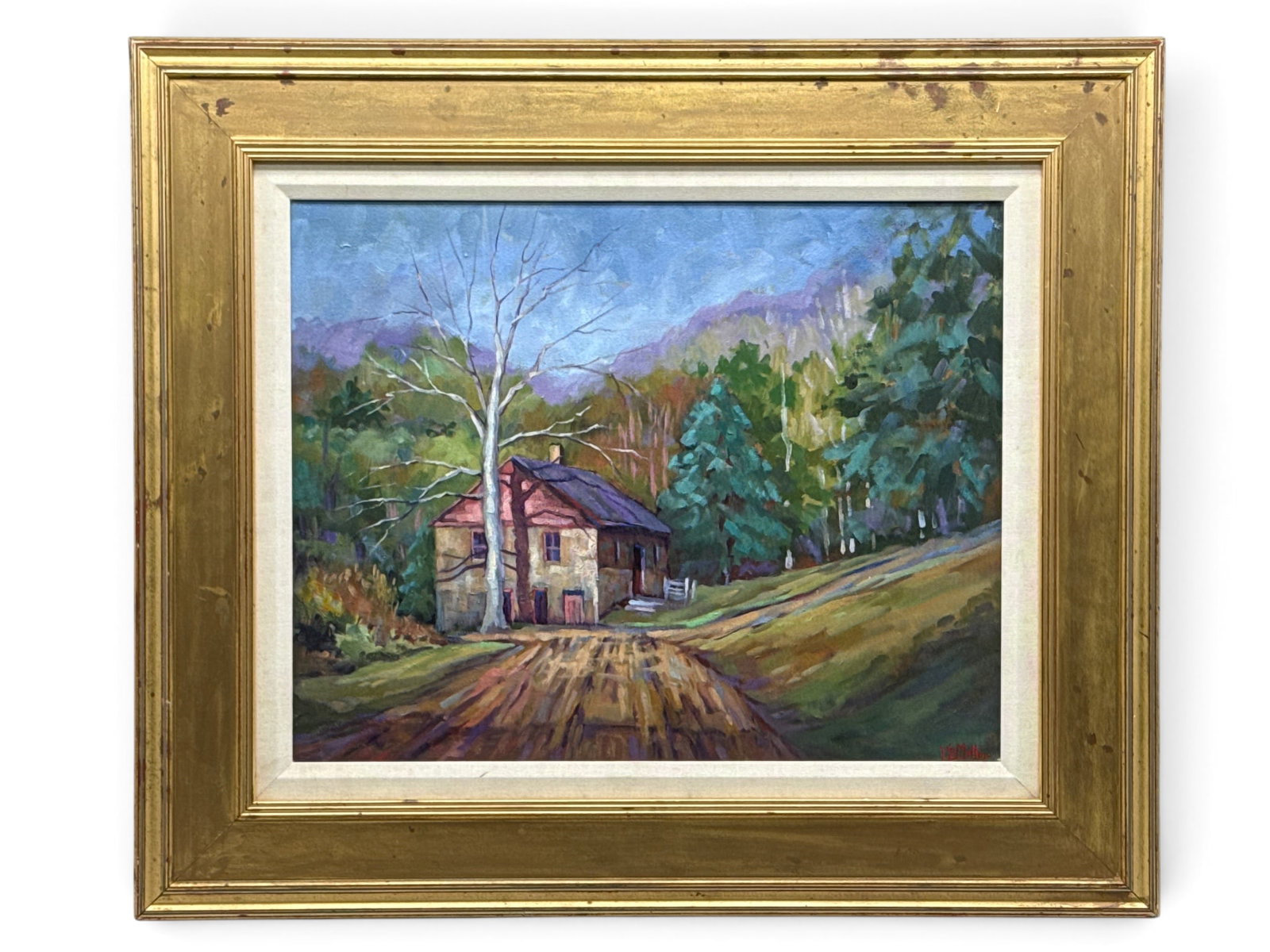 LS Miller Oil/Canvas: Landscape: An oil on canvas impressionist landscape of a home in a mountainous landscape. Signed lower right and gilt framed. Canvas: 16in x 20in. Outside frame: 24in x 28in. | You have additional shipping optio