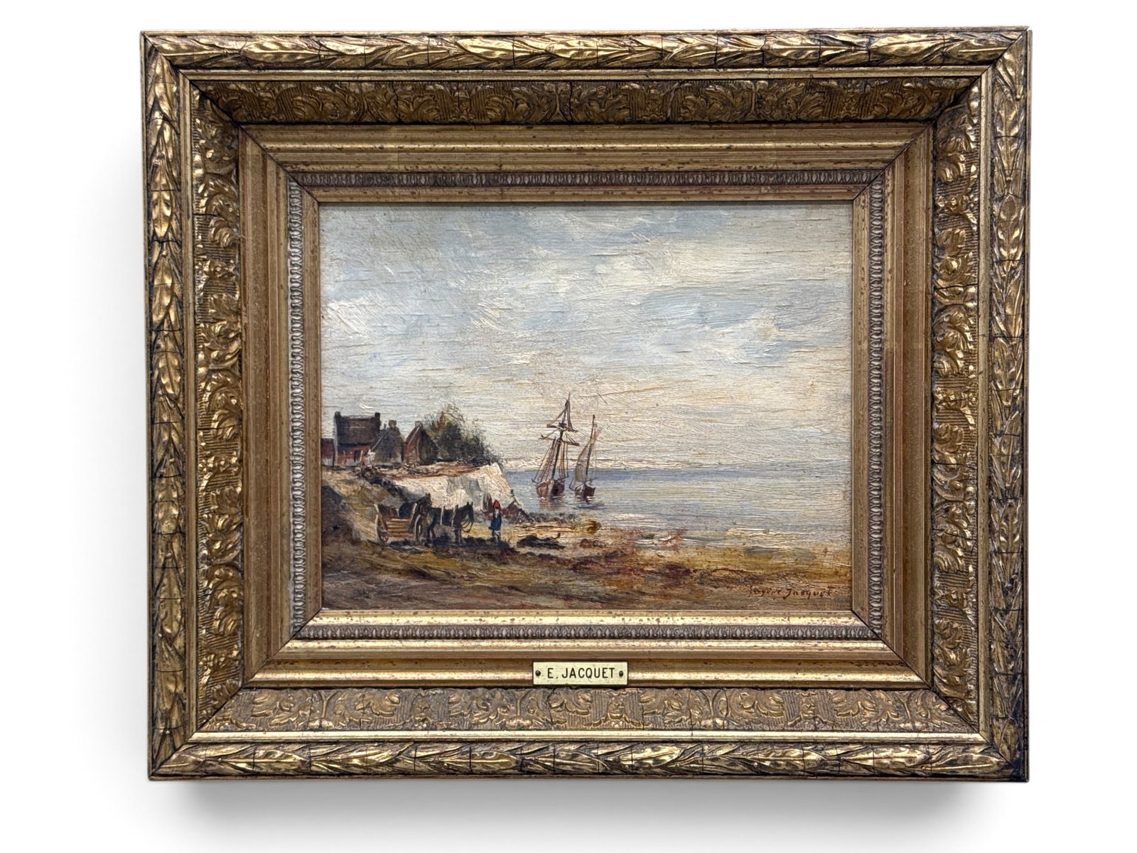 Eugene Jacquet Oil/Panel: Harbor Scene: Eugene Jacquet (French, 1844-1893). An oil on panel harbor scene. Signed lower right and gilt framed. Panel: 7-1/2in x 9-1/2in. Outside frame: 12in x 14in. | You have additional shipping options, and 