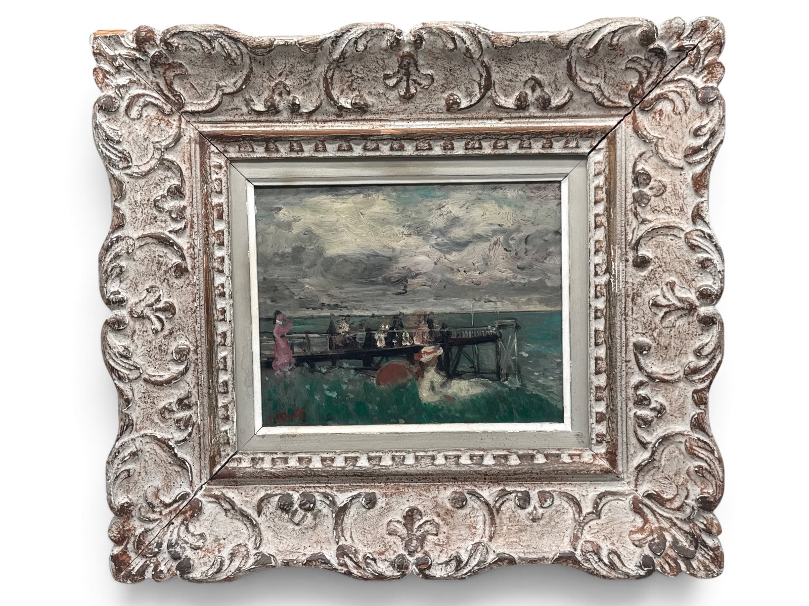 Francois Gall Oil/Panel: Impressionist Seaside Landscape: Francois Gall (French / Hungarian, 1912-1987). An oil on panel impressionist-style seaside landscape with figures on a pier. Signed lower left and gilt framed. Frame: 17-1/2in x 19in. | You have addit