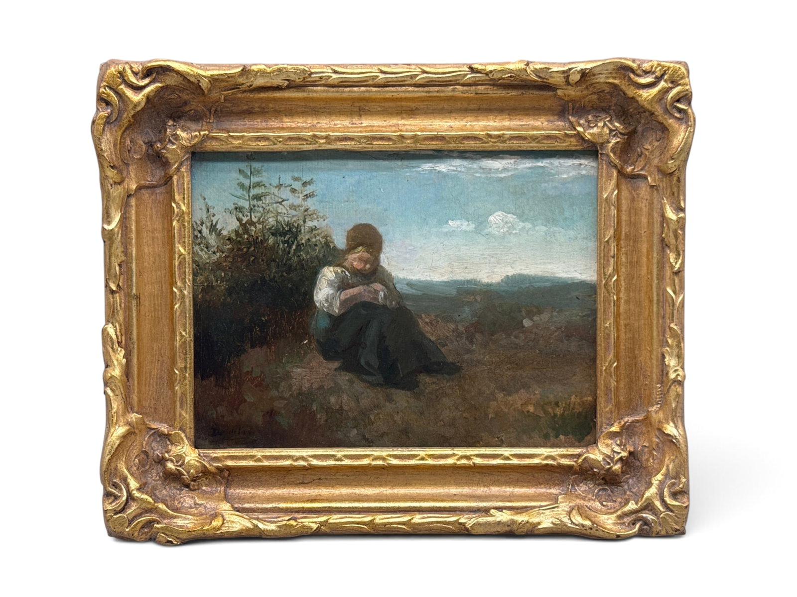 French Barbizon School Oil/Canvas Pastoral Scene: A gilt wood-framed French Barbizon school oil on canvas depicting a shepherdess seated on a rock in a pastoral setting. Signed lower left. Frame: 9in x 10in. | You have additional shipping options, an