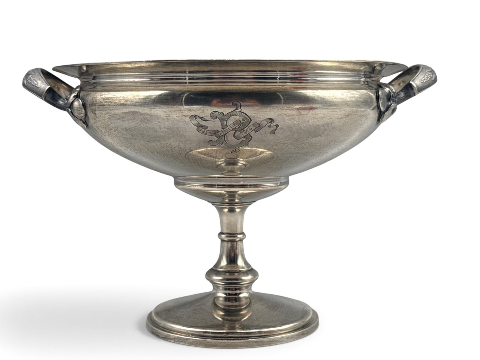 19th C. Gorham Sterling Art Nouveau Pedestal Dish: A 19th C. Gorham sterling silver Art Nouveau pedestal dish with an elaborate border design and foliate-decorated handles. Front is monogrammed with a "B" and intertwined ribbon, engraved 1854 - April 